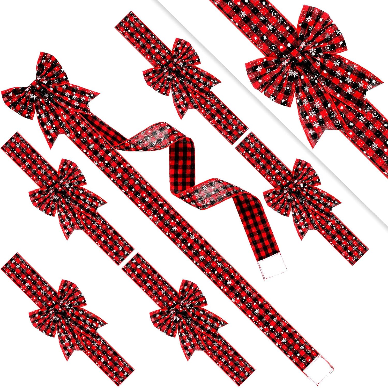 6 Pieces Christmas Cabinet Ribbon Bows for Kitchen Large Red Black Buffalo Plaid Door Ribbons and Bows 78.8 x 2.6 Inch Classic Checkered for Festive Xmas Party Decoration Home Tree Wreath Craft