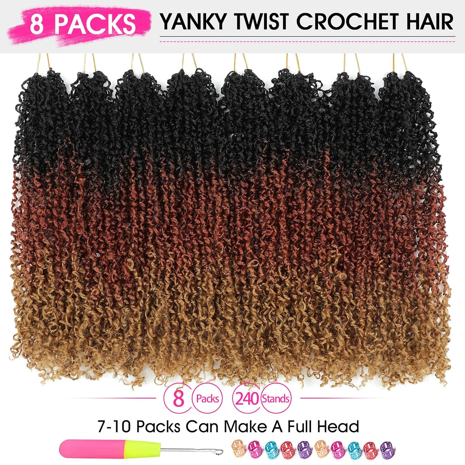 NAYOO 14 Inch Yanky Twist Crochet Hair - 8 Packs (30 Stands/Pack) Mini Passion Twist with Curly Ends Synthetic Pre-Looped Crochet Braids Braiding Hair (14 Inch, OT30/27)