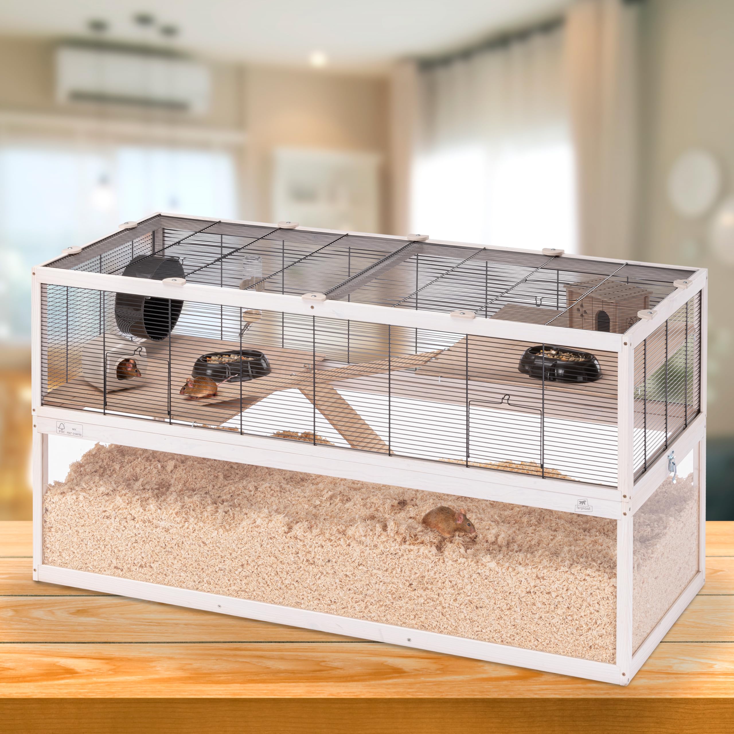 Ferplast Cage Hamster DOMSTER, Cage Souris, 3 Niveaux, avec Accessoires, Plateformes et Échelles, Grillage Métallique et Bois FSC, Base Transparente, Cage pour Hamster en Bois, 120 x 50 x h 66,5 cm