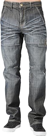 Level 7 Mens Relaxed Straight Premium Jeans Dark Stone Wash Ripped & Repaired