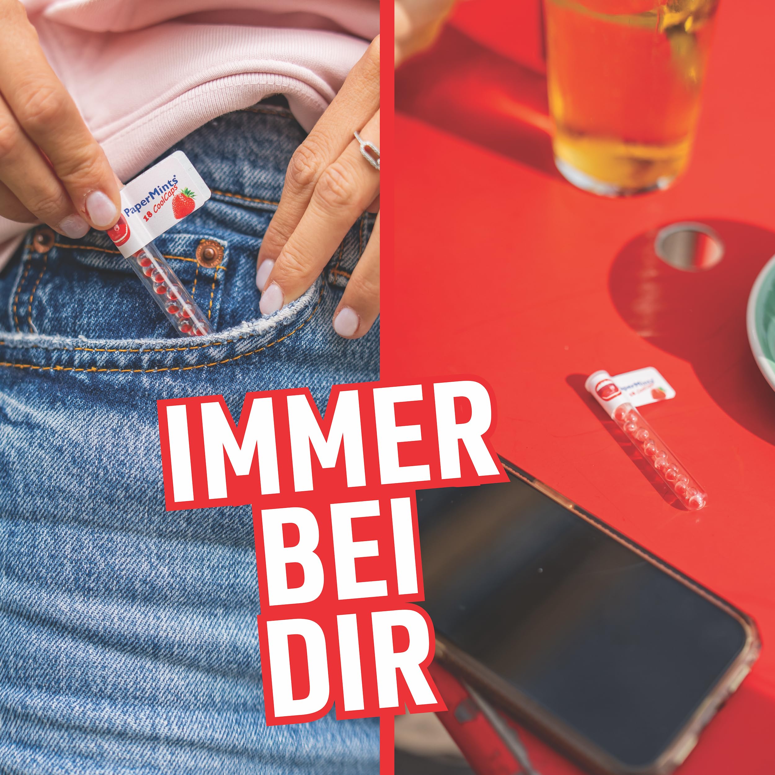 PaperMints CoolCaps – Zuckerfreie Erdbeer-Perlen für frischen Atem, trockenen Mund & Mundgeruch – Display, 32 Röhrchen à 18 Kapseln