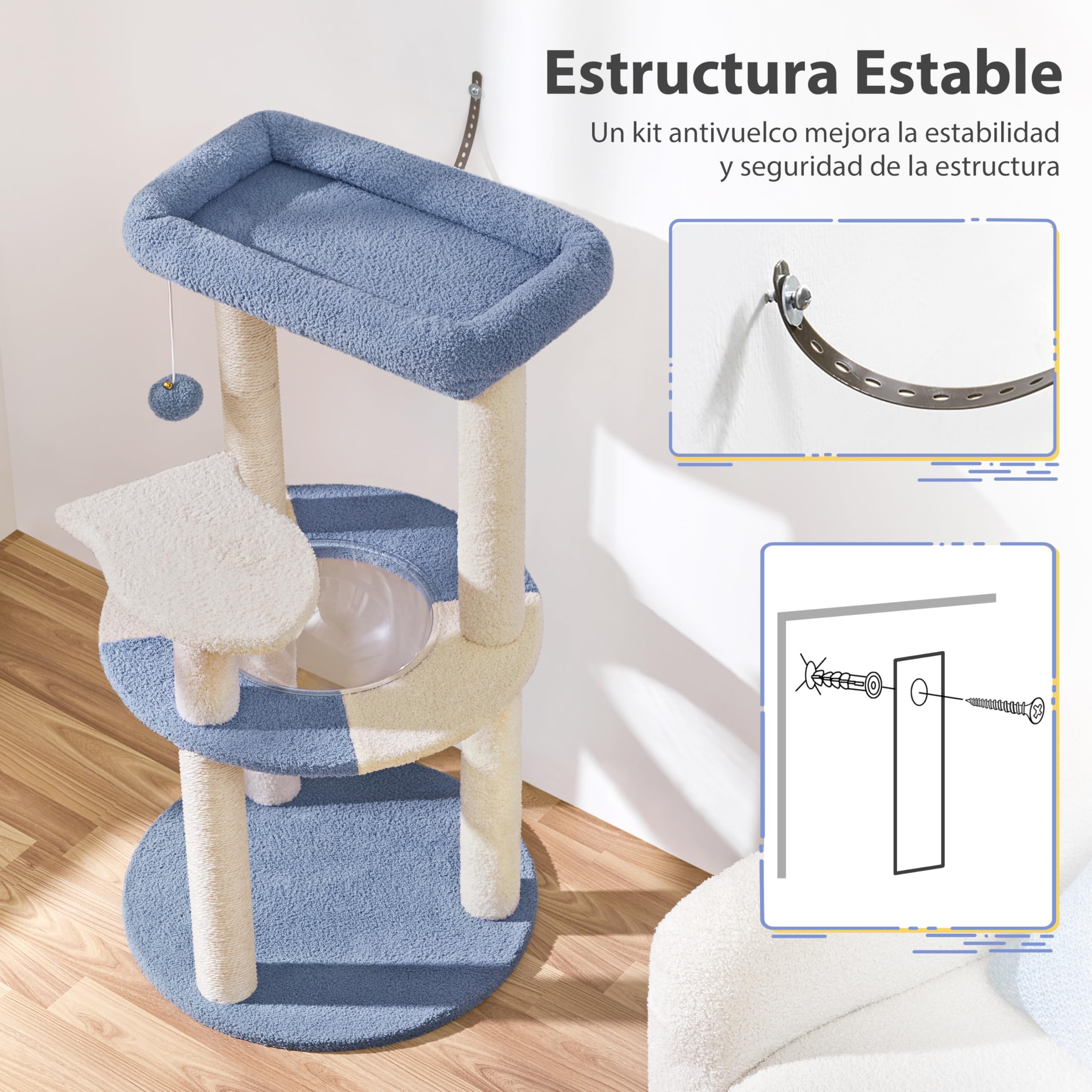 Yaheetech Árbol Rascador para Gatos 90 cm con Soporte Centro Azul y Beige | Cesta Redonda Transparente, Perca superior, Plataforma en forma de paz, Poste sisal resistente,Fácil montaje, Ahorra espacio