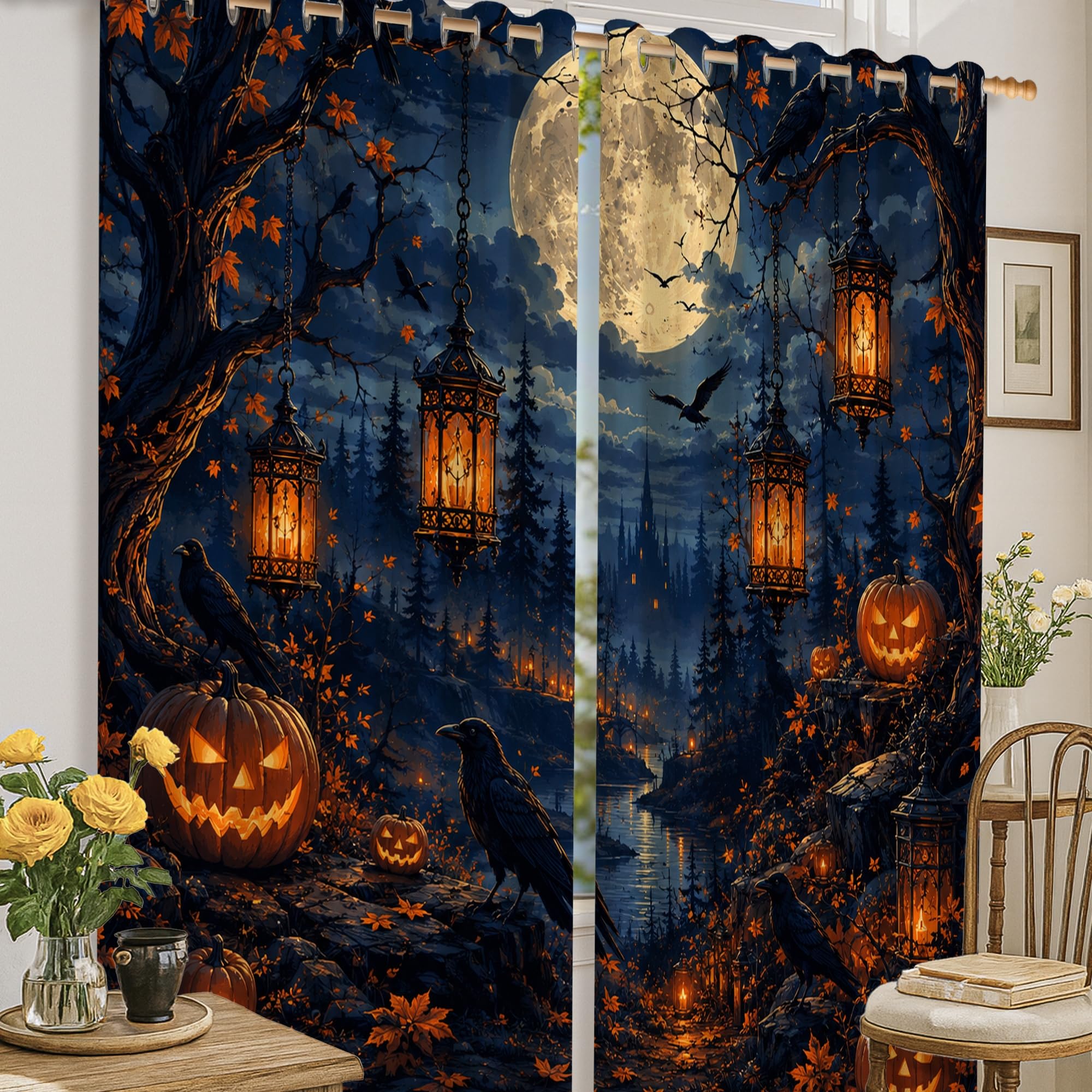 Rideaux occultants gothiques d'Halloween noirs 132x160 cm imprimé citrouilles et lune pour salon