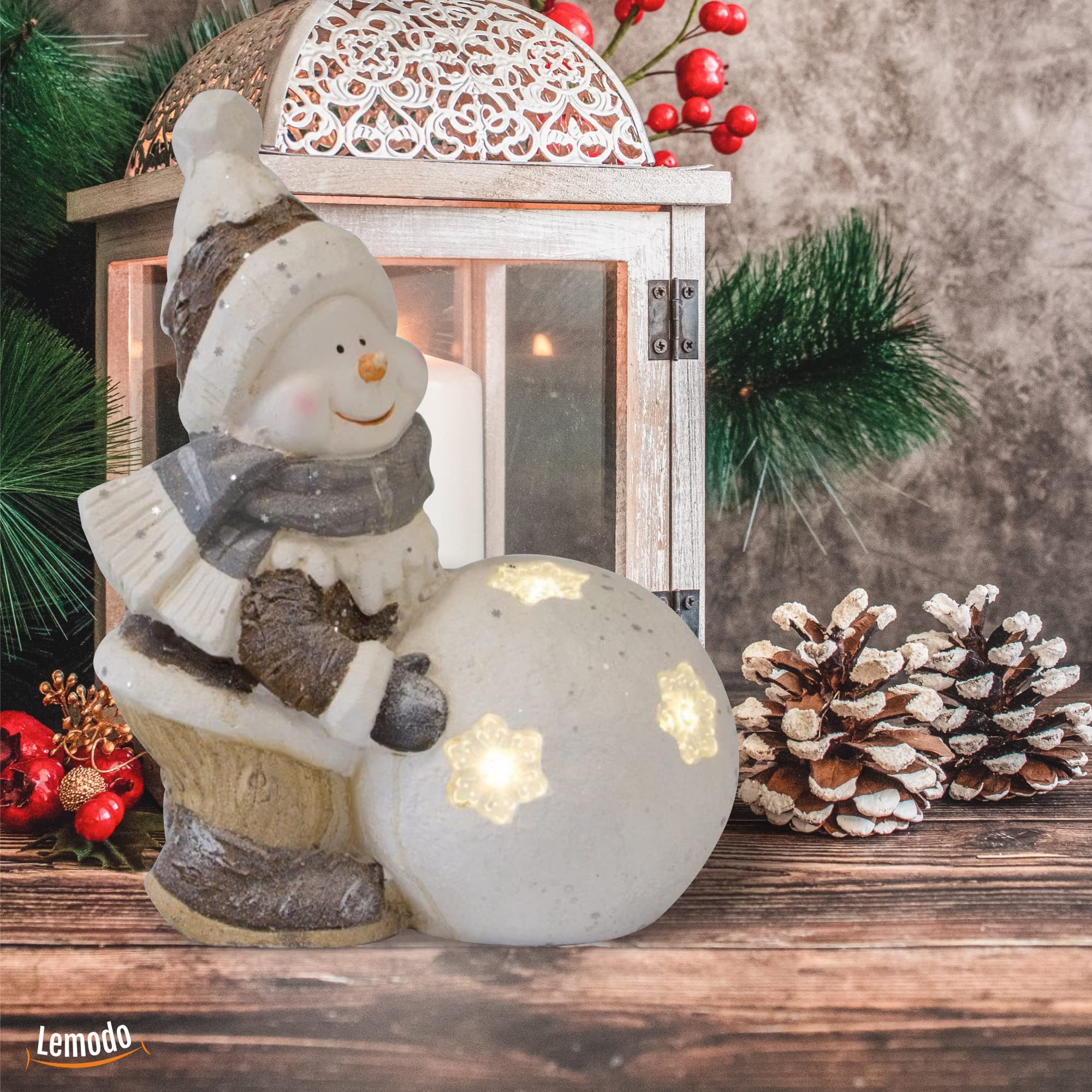 NATIV Lemodo Weihnachtsdeko Schneemann mit LED beleuchteter Schneekugel | Weihnachtsschmuck aus Magnesia | Weihnachtsfigur 41 cm hoch | Tolle Geschenkidee zu Weihnachten
