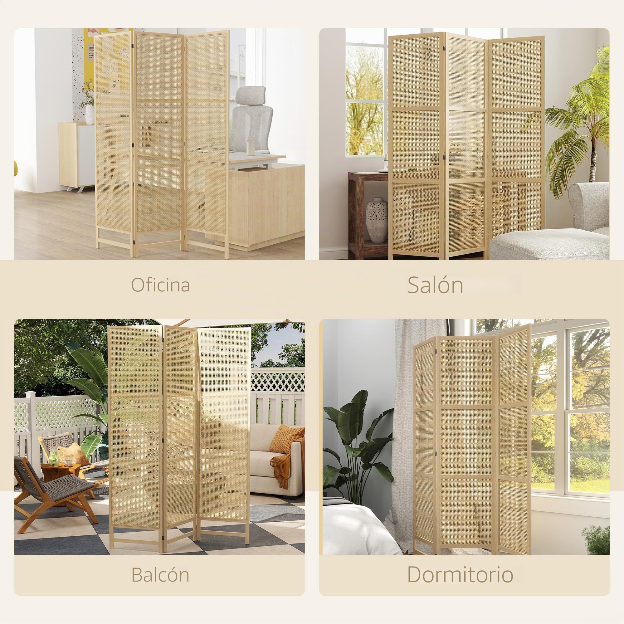 HOMCOM Divisor 3 paneles 135x180cm PP Ratán Natural | Divisor plegable, pantalla de privacidad, tabique para sala de estar