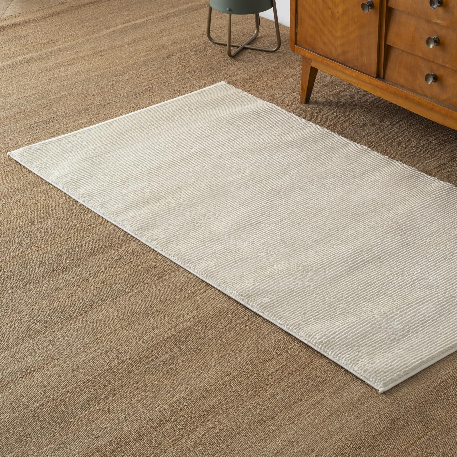 Revival Rugs Stripe 2'7"x4'11" Machine Washable Area Rug for Kitchen Bedroom - 100% Recycled Oeko-TEX Certified, Medium Pile, Beige, Cream