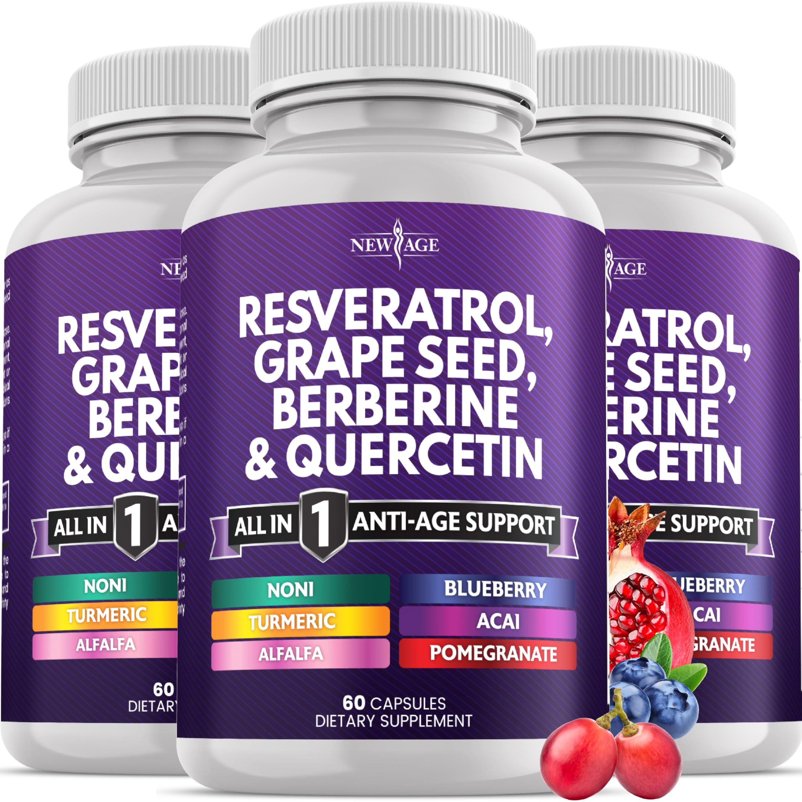 Resveratrol, Berberine, Grape Seed Extract, Quercetin, Polyphenol Supplement for Women and Men with Noni, N-Acetyl Cysteine, Acai - 180 Capsules