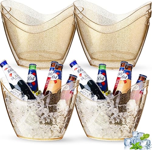 Sunnyray 6 Pieces 3.5 Liter Ice Buckets for Parties Clear Gold Glitter Acrylic Ice Beverage Tub Plastic Champagne Wine Bucket Large Drink Tub for