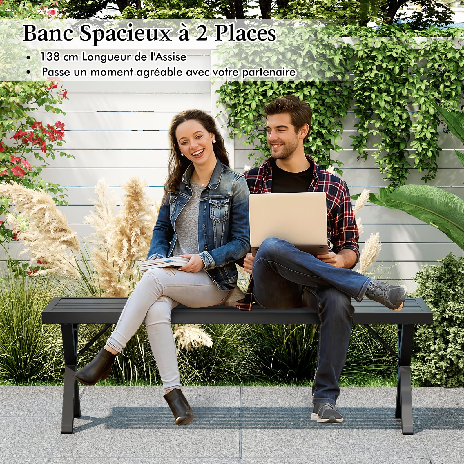 COSTWAY Banc de Jardin, Banquette 2 Places, 138 x 36 x 46 cm, Charge 360 kg, Banc Exterieur Jardin, Siège à Lattes, Pieds en X, Coussinets Antidérapants, pour Terrasse Porche Entrée