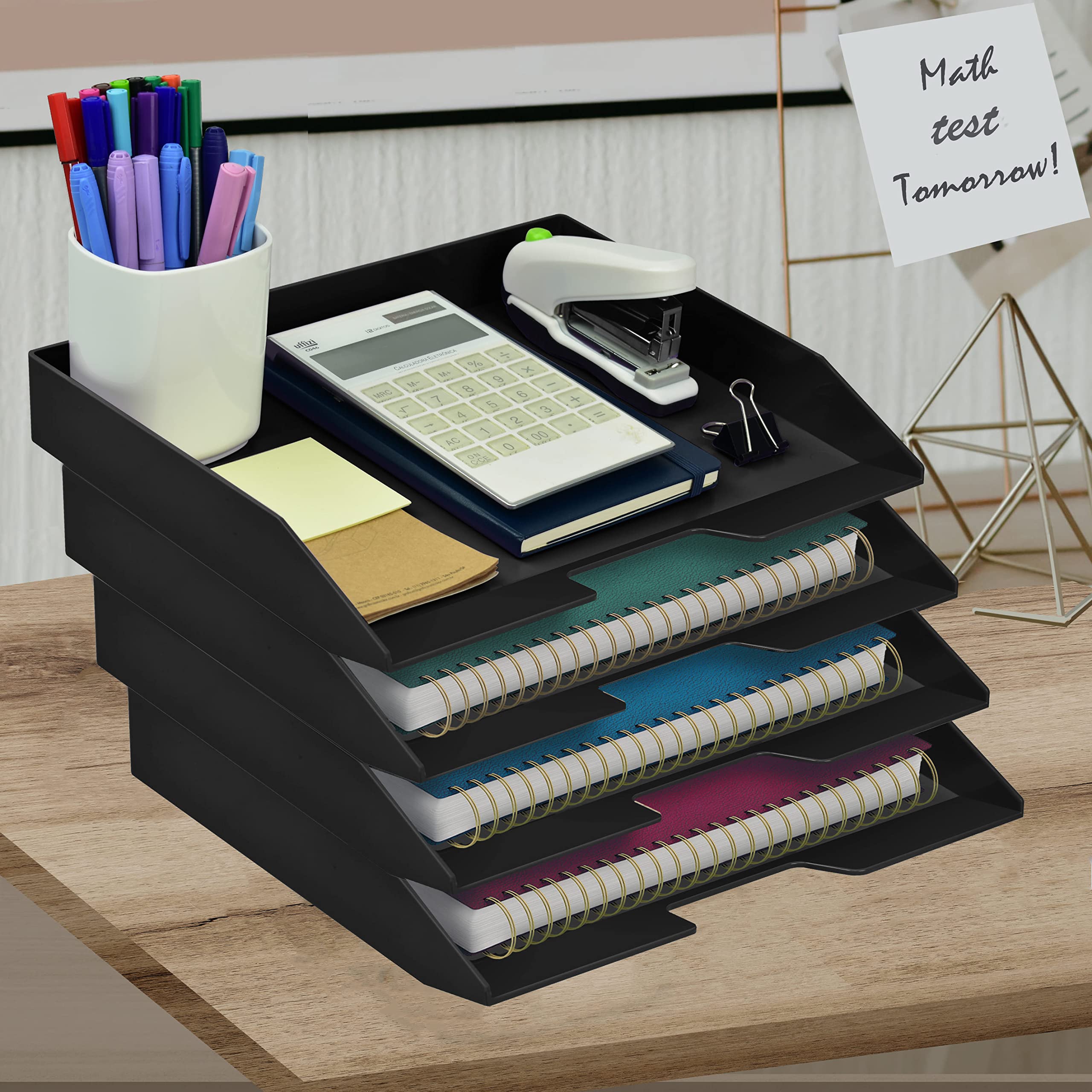 Acrimet Bandeja de Papel Apilable, Archivador de Documentos A4, Organizador de Cartas y Papeles en Plástico de Carga Lateral para Oficina, (Color Negro) (Paquete de 4 Unidades)