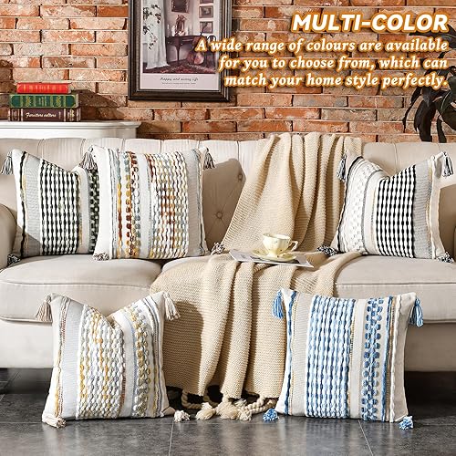 Miniatura 6 de AmHoo Juego de 2 fundas de almohada de felpilla con textura a rayas, bohemias, estéticas con borlas, tejidas, fundas de almohada decorativas para