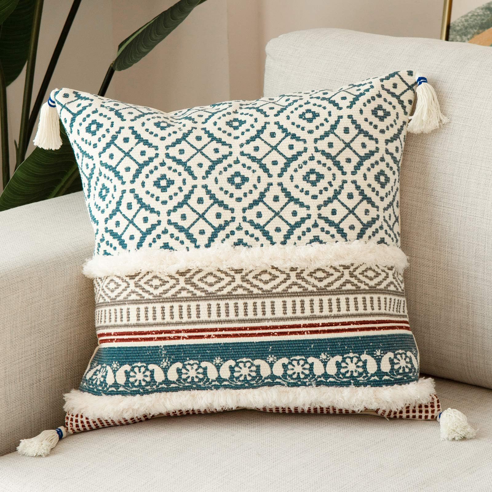 blue page Boho Tufted Decorative Throw Pillow Cover 18x18, Modern Moroccan Style with Tassels, Accent Decor Pillowcase for Couch, Sofa, Bedroom, Car, or Hotel, Blue