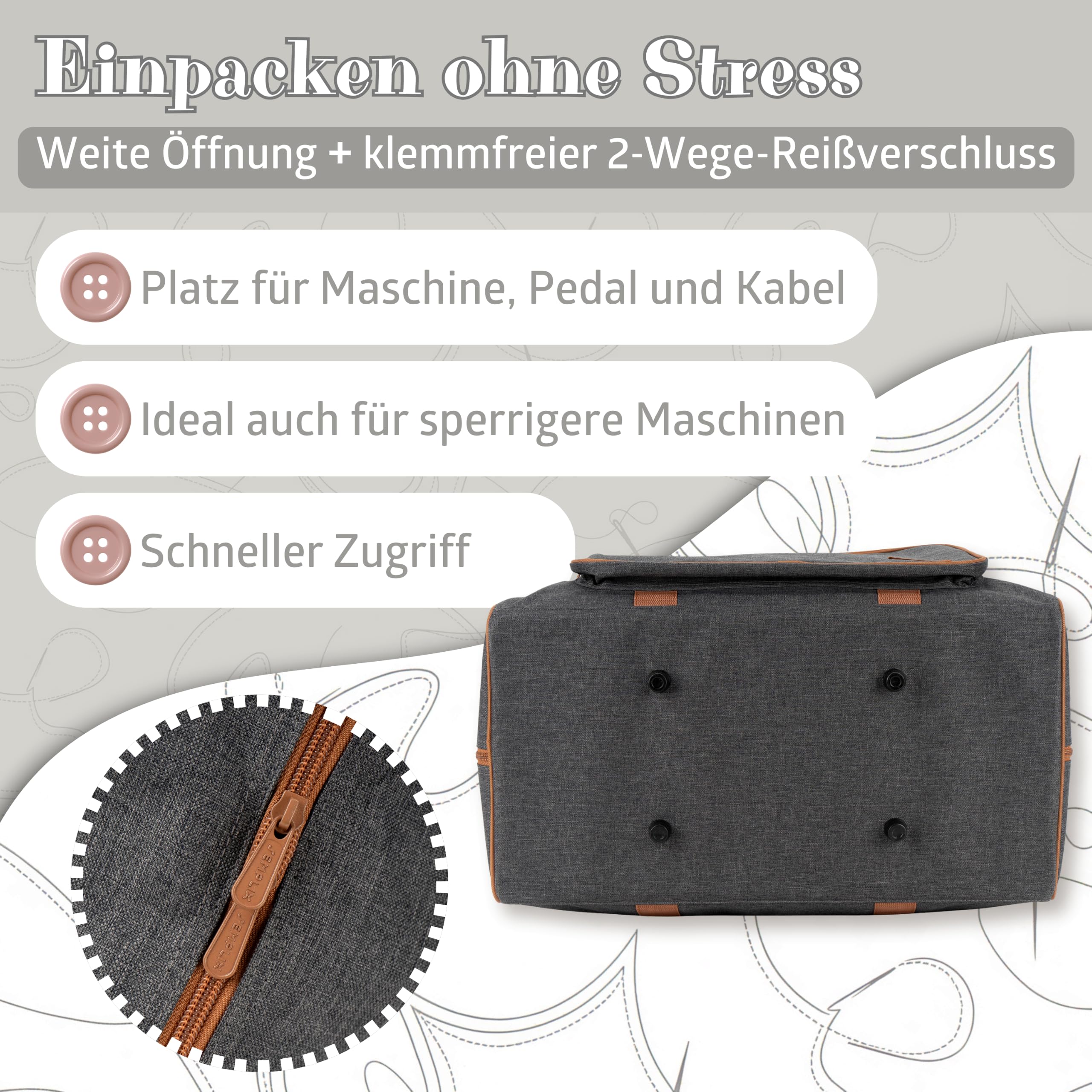 SEMPLIX Nähmaschinentasche XL – Große Transporttasche für Haushaltsnähmaschinen, Stabiler Boden, viel Stauraum, Tragegriffe anthrazit/braun (52 x 40 x 27 cm)