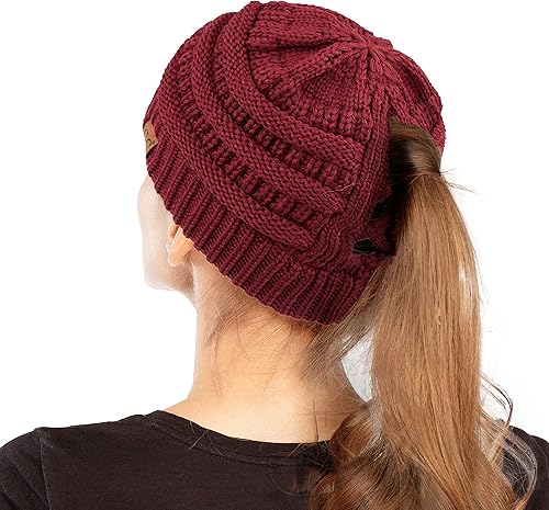 C.C Exclusives - Gorro de invierno para mujer de punto trenzado con agujero para coleta o moño, gorro beanie para mujer (MB-20A)