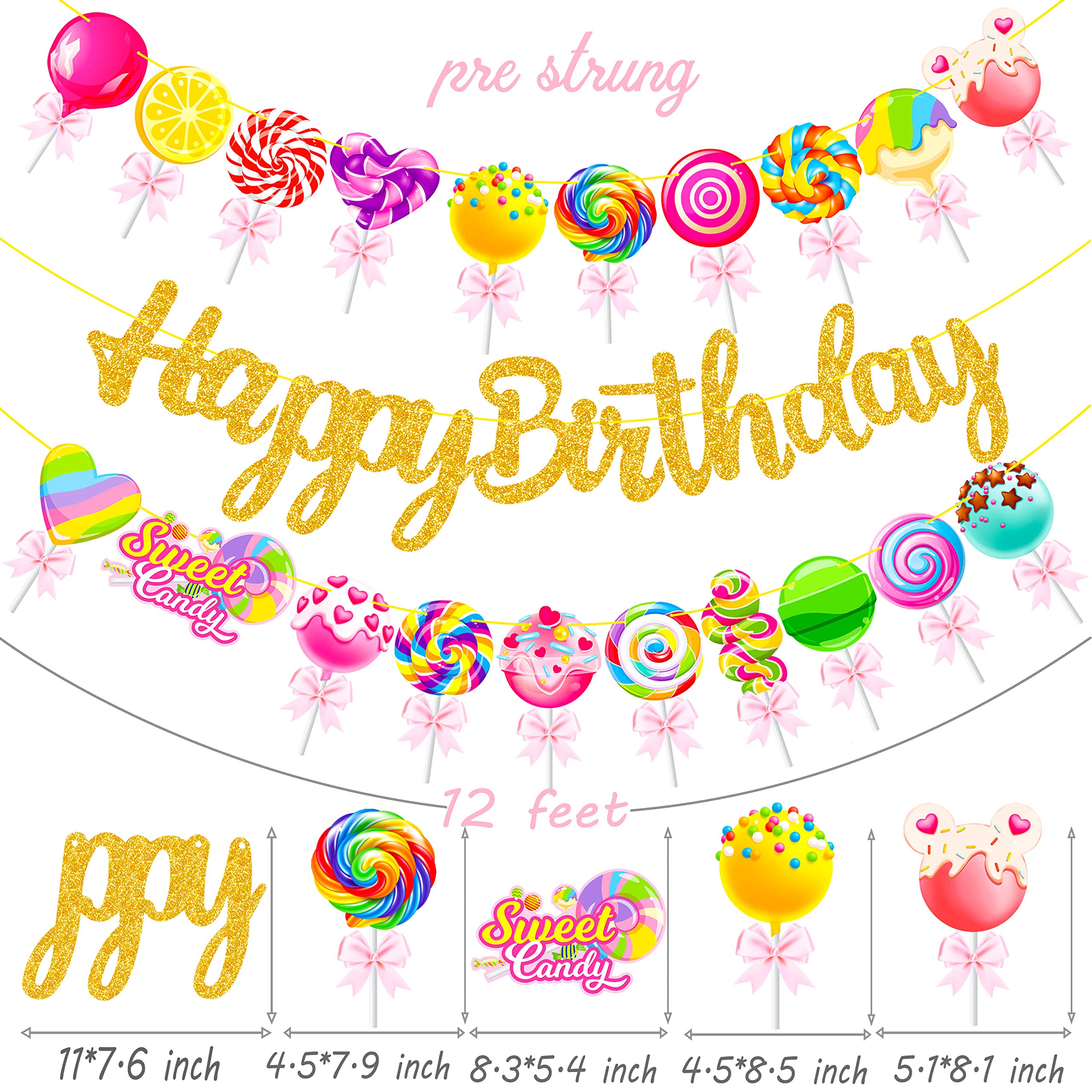 Candyland - Carteles de fiesta de feliz cumpleaños, 3 pancartas recortadas para fiesta de caramelos, decoración de fiesta de piruletas para fiesta de Candyland, suministros de baby shower