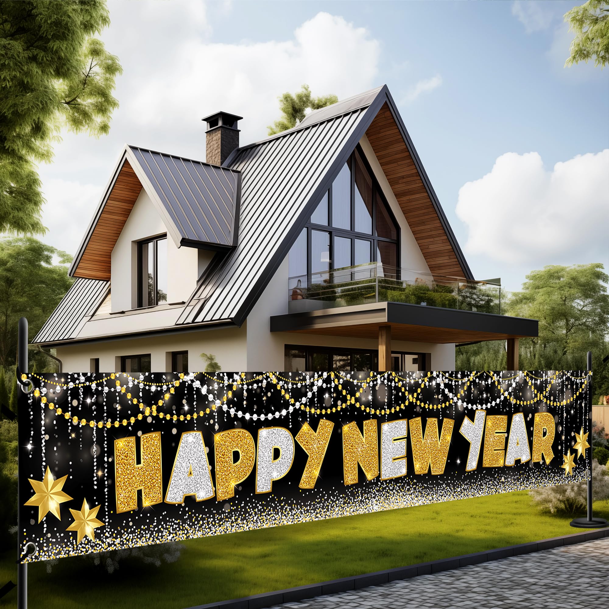 KatchOn Happy New Year Yard Banner 305x50 Cm - Schwarz-gold, Wiederverwendbar, Aus Stoff Für Silvester-Party Draußen & Drinnen