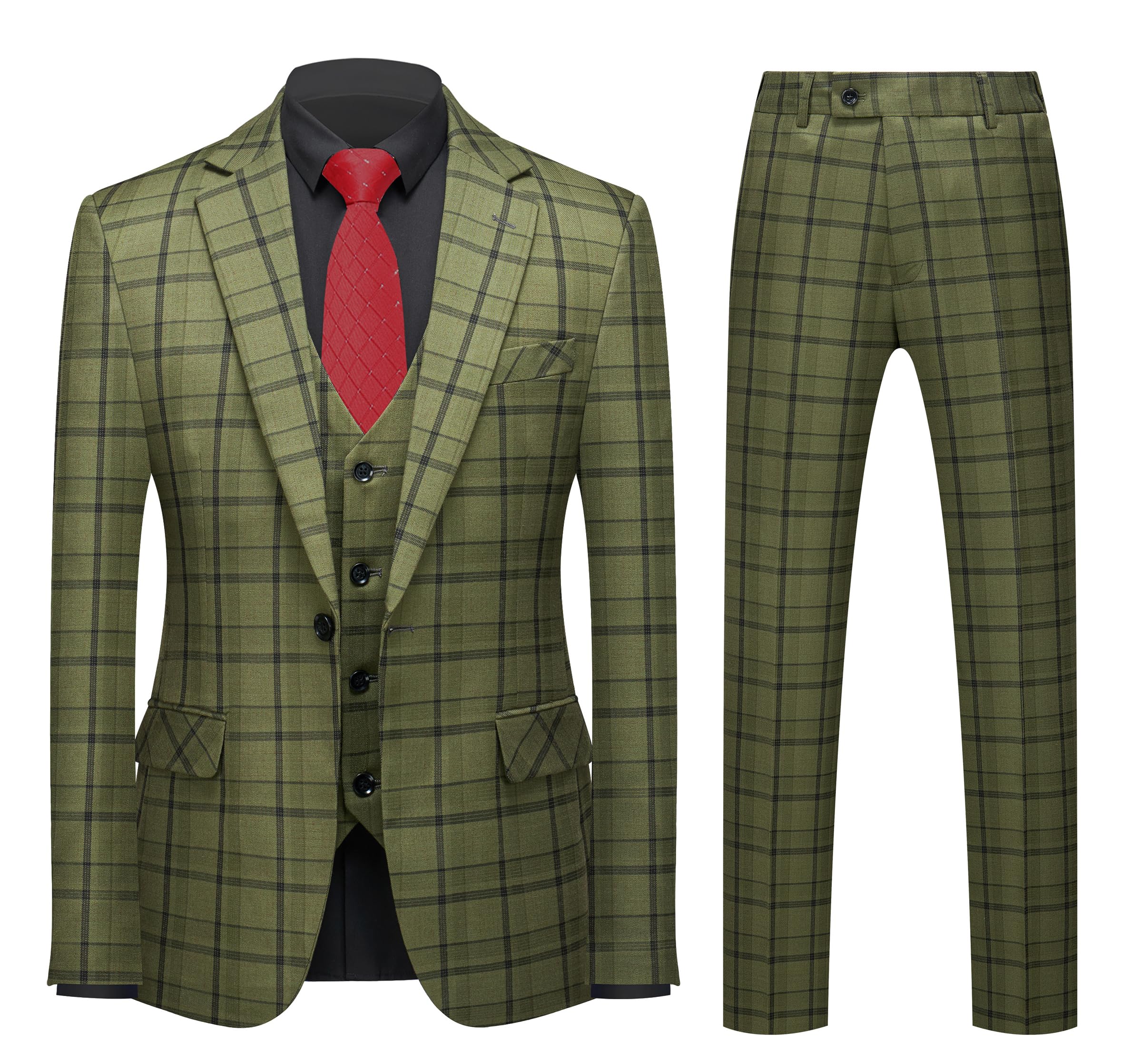 MOGUSuits for Men, 3-Piece Plaid Suit Set with Blazer, Vest and Pants for Wedding, Prom, Business