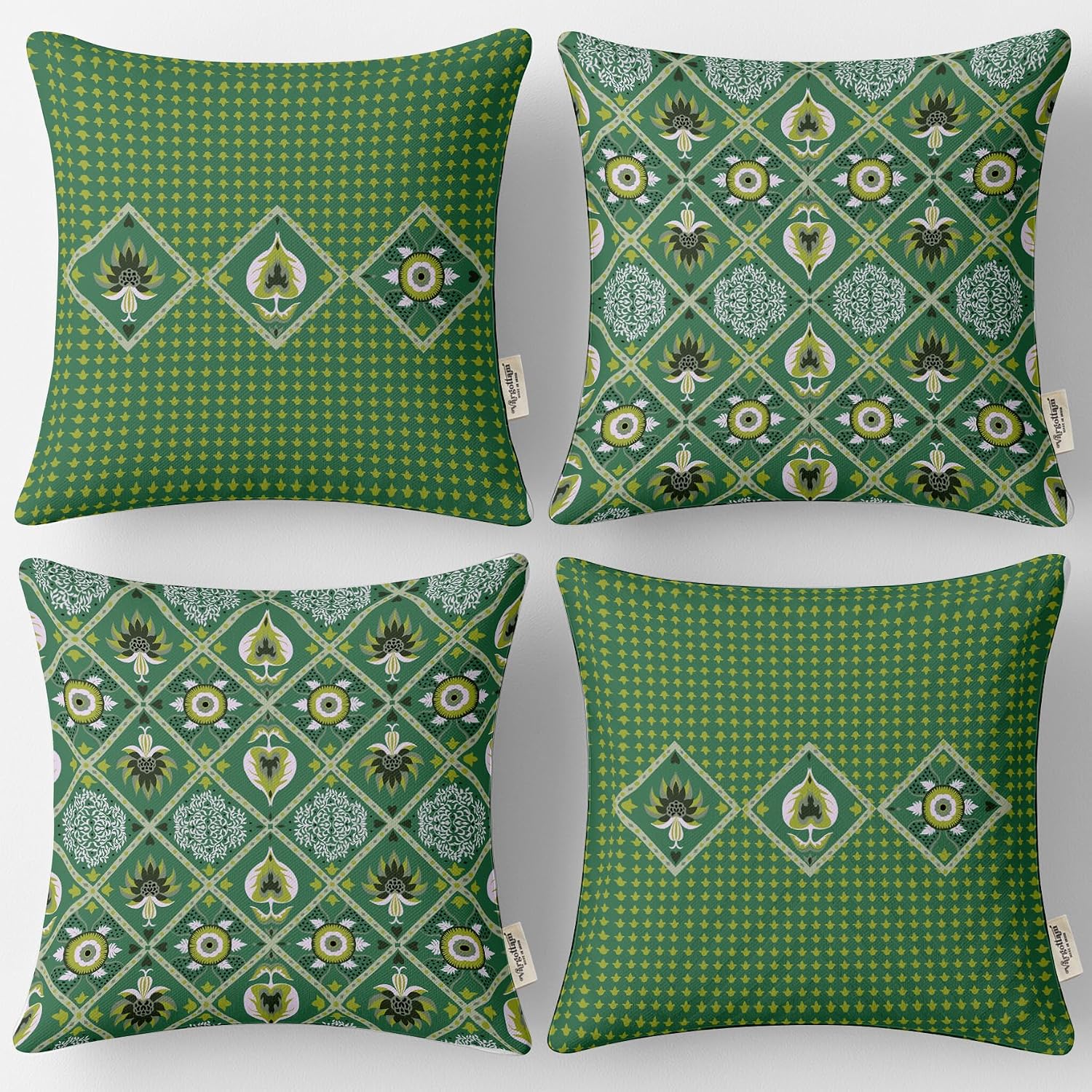 Set of 4 16x16 Cotton Cushion Covers - Decorative Reversible Pillow Covers with Concealed Zipper - Filler Not Included - Block Print, Green
