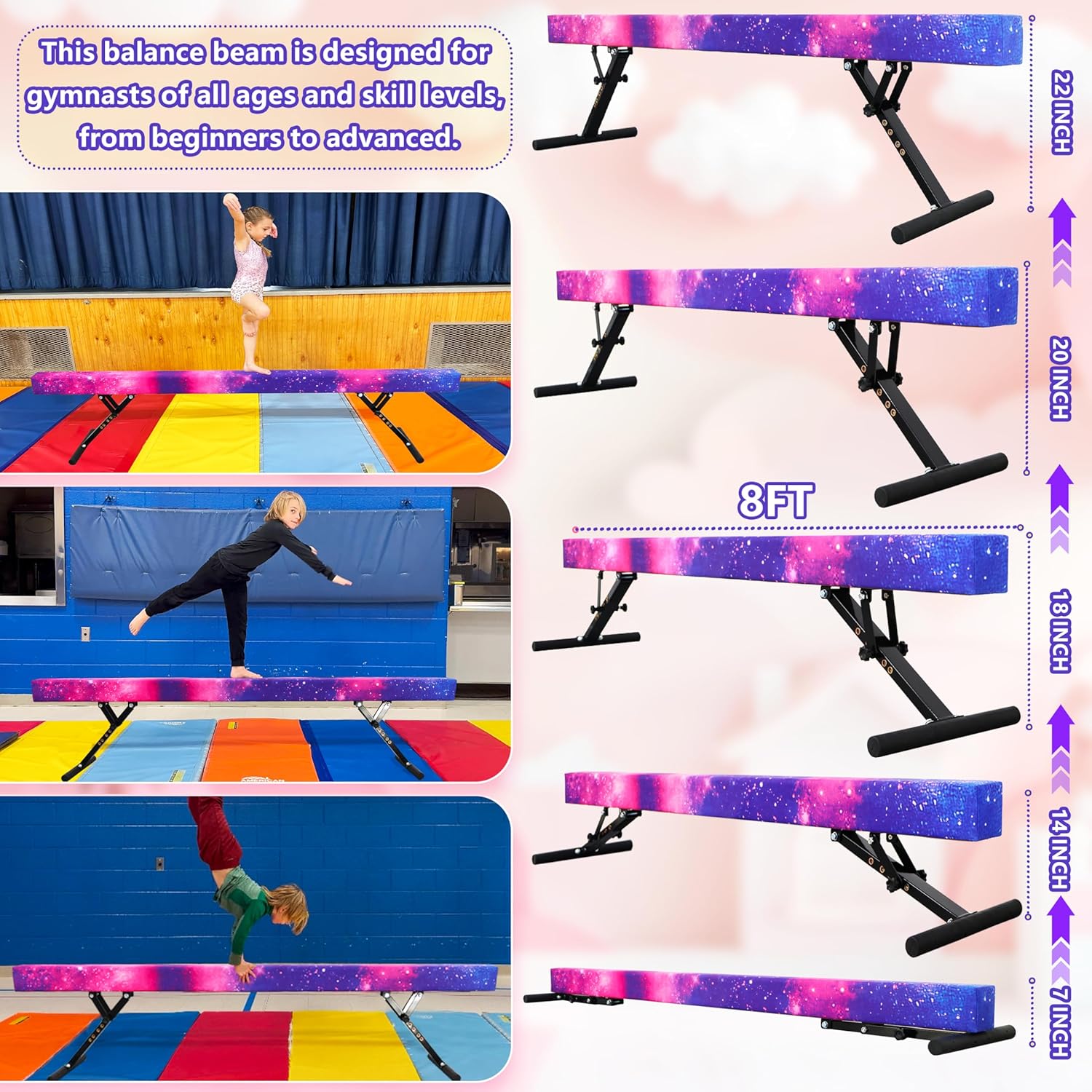 PreGymnastic 8FT Balance Beam, Raised Gymnastics Beam for Kids Ages 3-18, Home Gym Equipment for Training, Adjustable Balancing Beam Indoor
