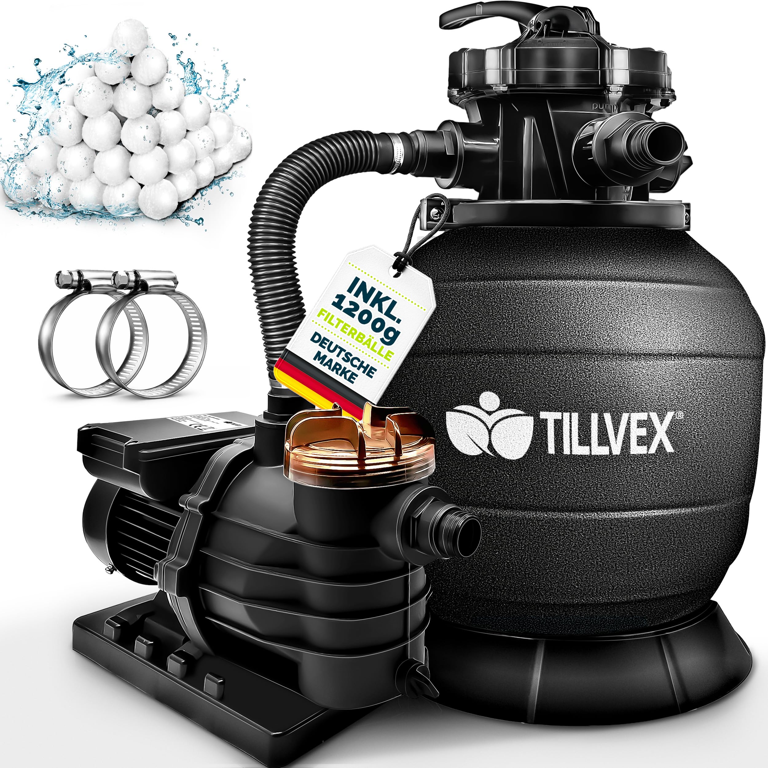 tillvex® Sandfilteranlage Pool 13.200L/h bis 40.000L + 1200g Filterbälle | Filteranlage 7-Wege Ventil & 2in1 Adapter Ø32-38mm | Poolfilter Selbstansaugend | Sandfilter Schwimmbecken (Schwarz)