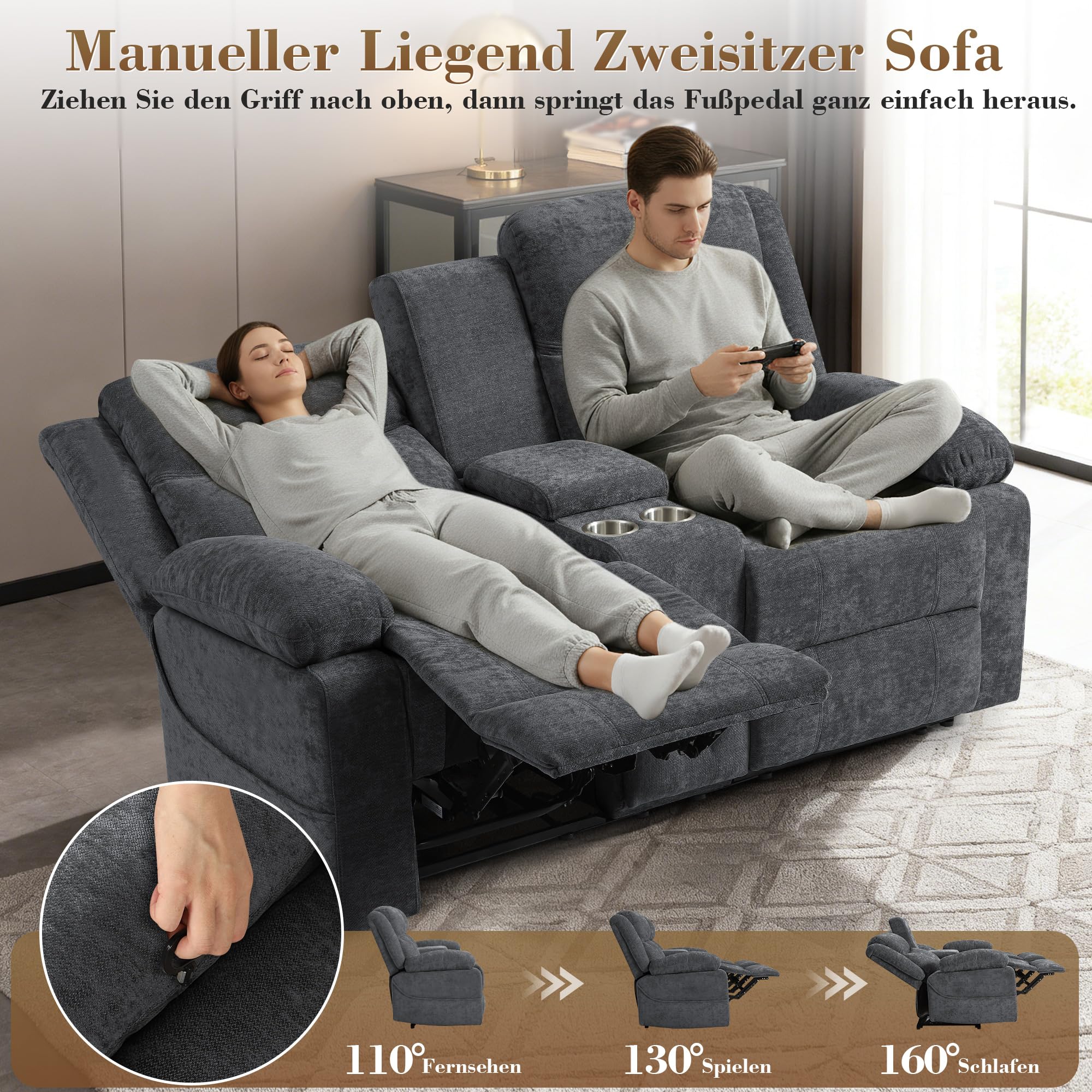 2er Kinosessel Relaxsessel mit Liegefunktion, 2 Sitzer Fernsehsessel TV Sessel mit Konsole, Steckdose und Schublade, zweisitzer Sofa mit Chenille-Optik für Wohnzimmer (Grau, 175 cm Zweisitzer)