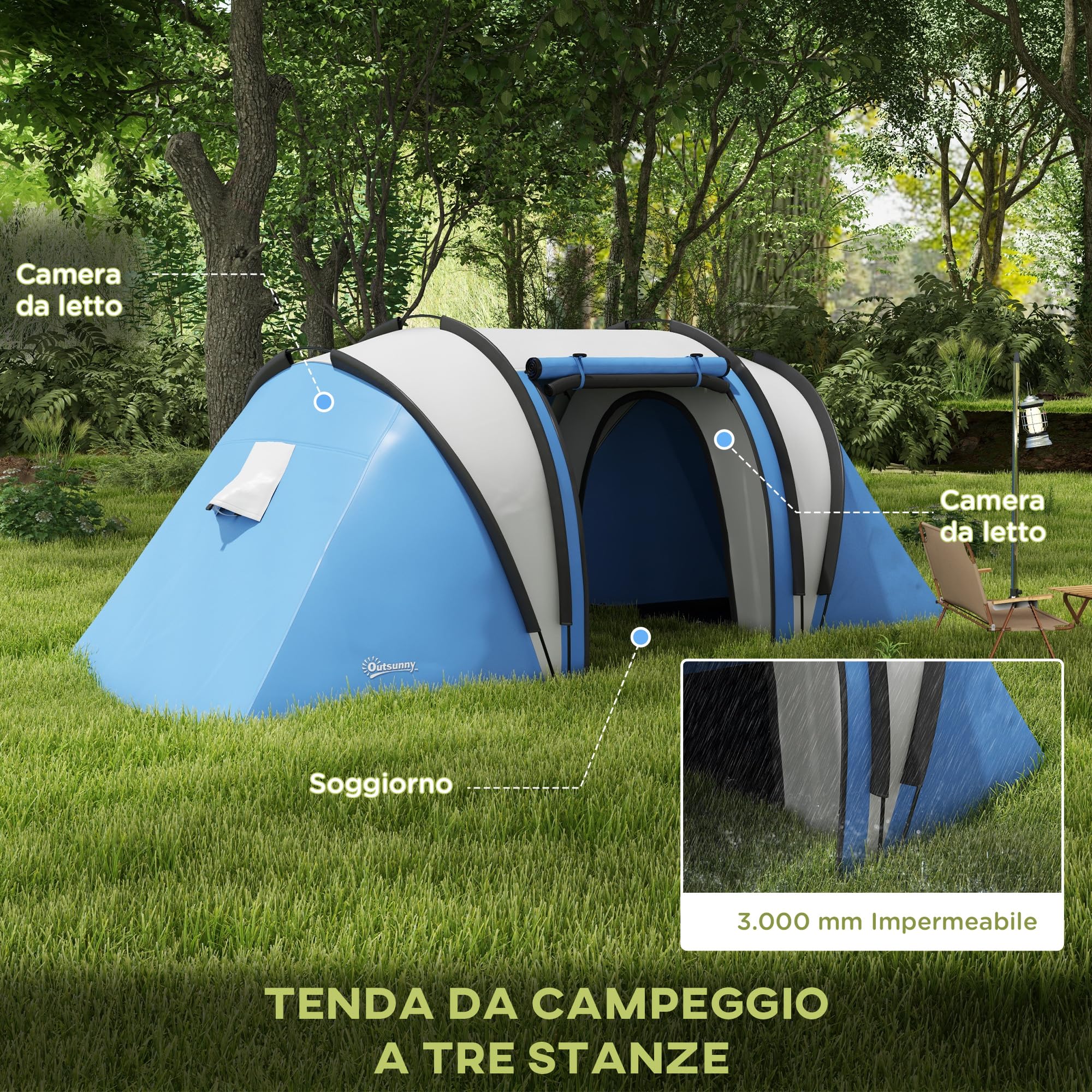 Outsunny Tenda da Campeggio 4-5 Posti con 2 Stanze e Borsa di Trasporto, Tenda a Tunnel Familiare Impermeabile 3000 mm, 220x450x180 cm, Blu