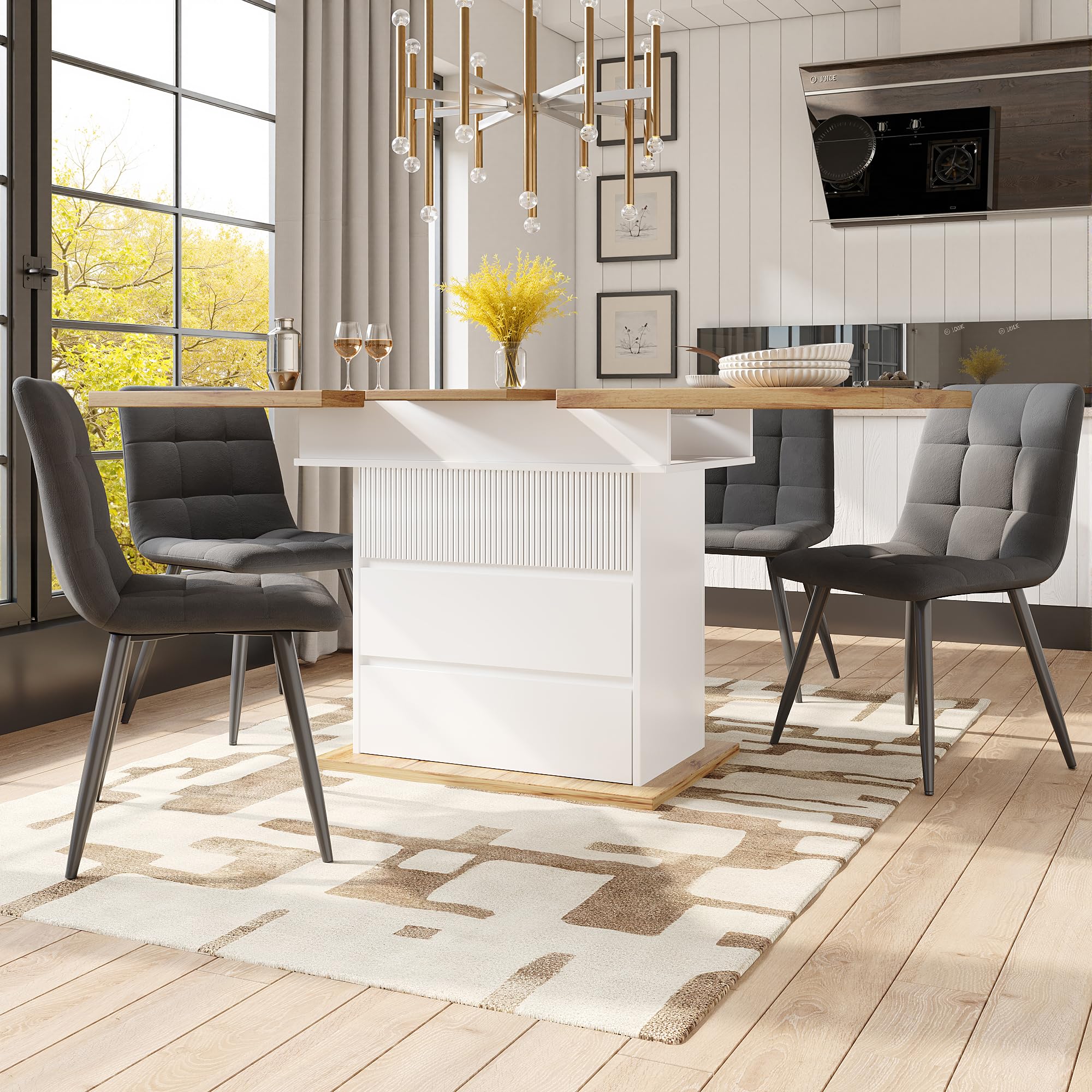 Soweiz Mesa de comedor telescópica (110-140 x 80 cm), mesa de cocina plegable para 4-6 personas, mesa de comedor extensible con tres estantes, ahorra espacio, para cocina y salón (blanco)