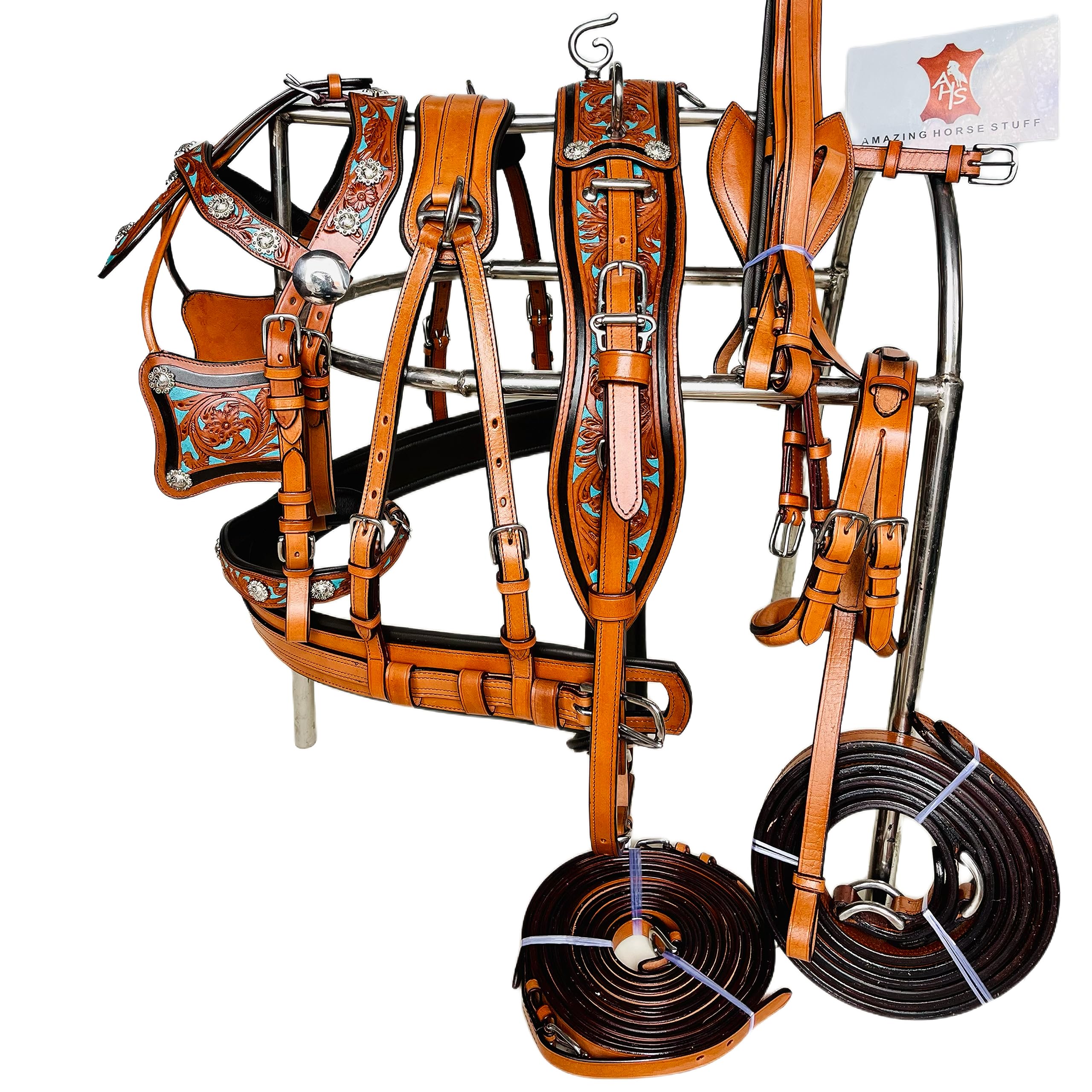 AMAZING HORSE STUFF Exclusive 3 Tone Leather Horse Driving Harness for Single Horse Cart with Designer Conchos All Over The Harness | Stainless Steel
