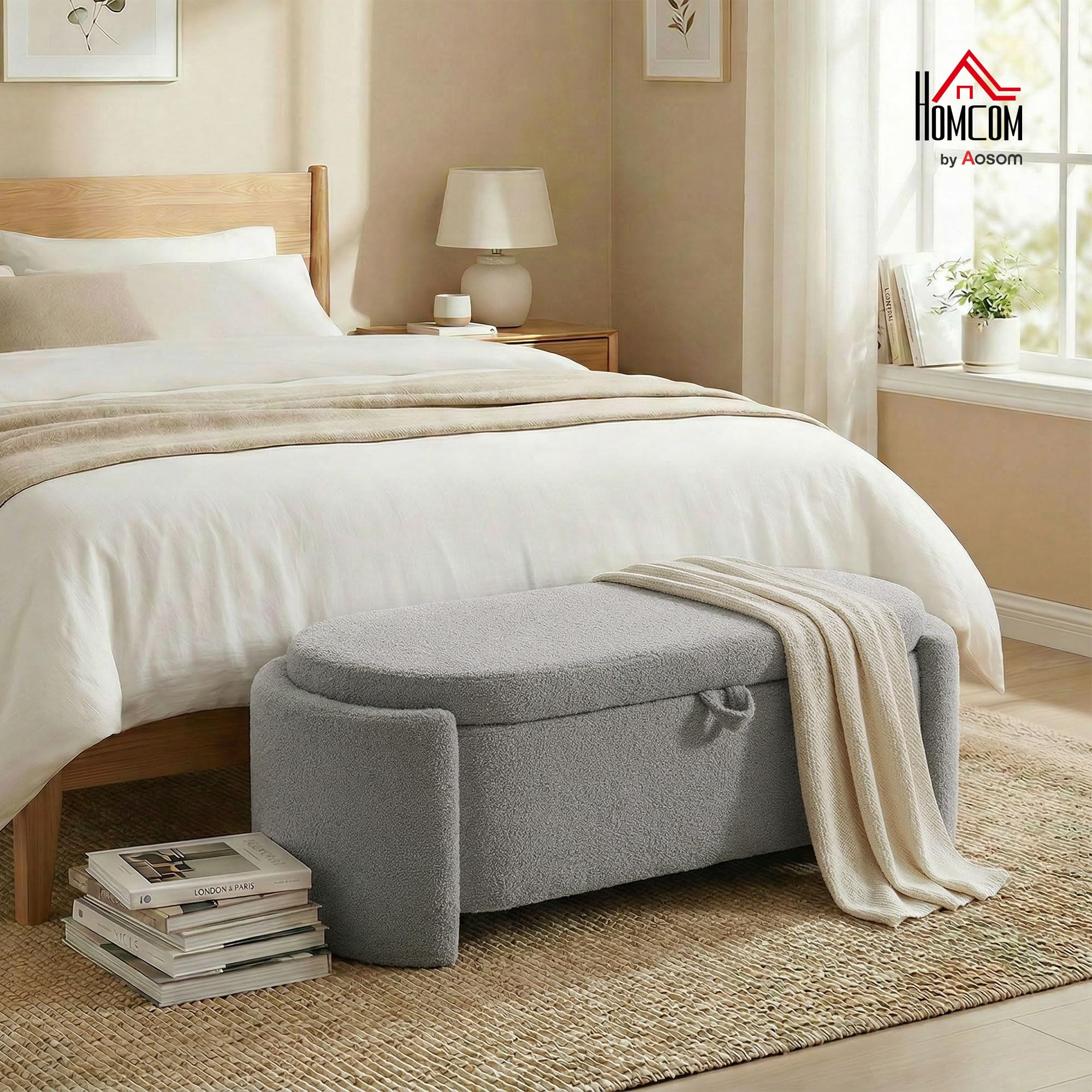 HOMCOM Puff Almacenaje Banco Almacenaje Ovalado 129x48,5x44 cm Gris Claro | Tapizado en Terciopelo de Teddy, Baúl de Almacenamiento, Carga 200 kg, Taburete para Sala de Estar, Dormitorio, Entrada