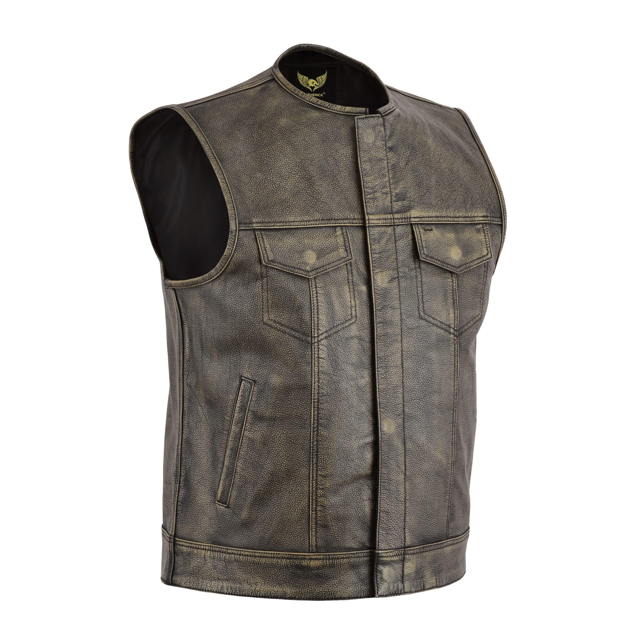 Leatherick SOA Gilet da motociclista da uomo in grana superiore senza colletto marrone invecchiato per equitazione e gilet stile taglio alla moda, stile vintage