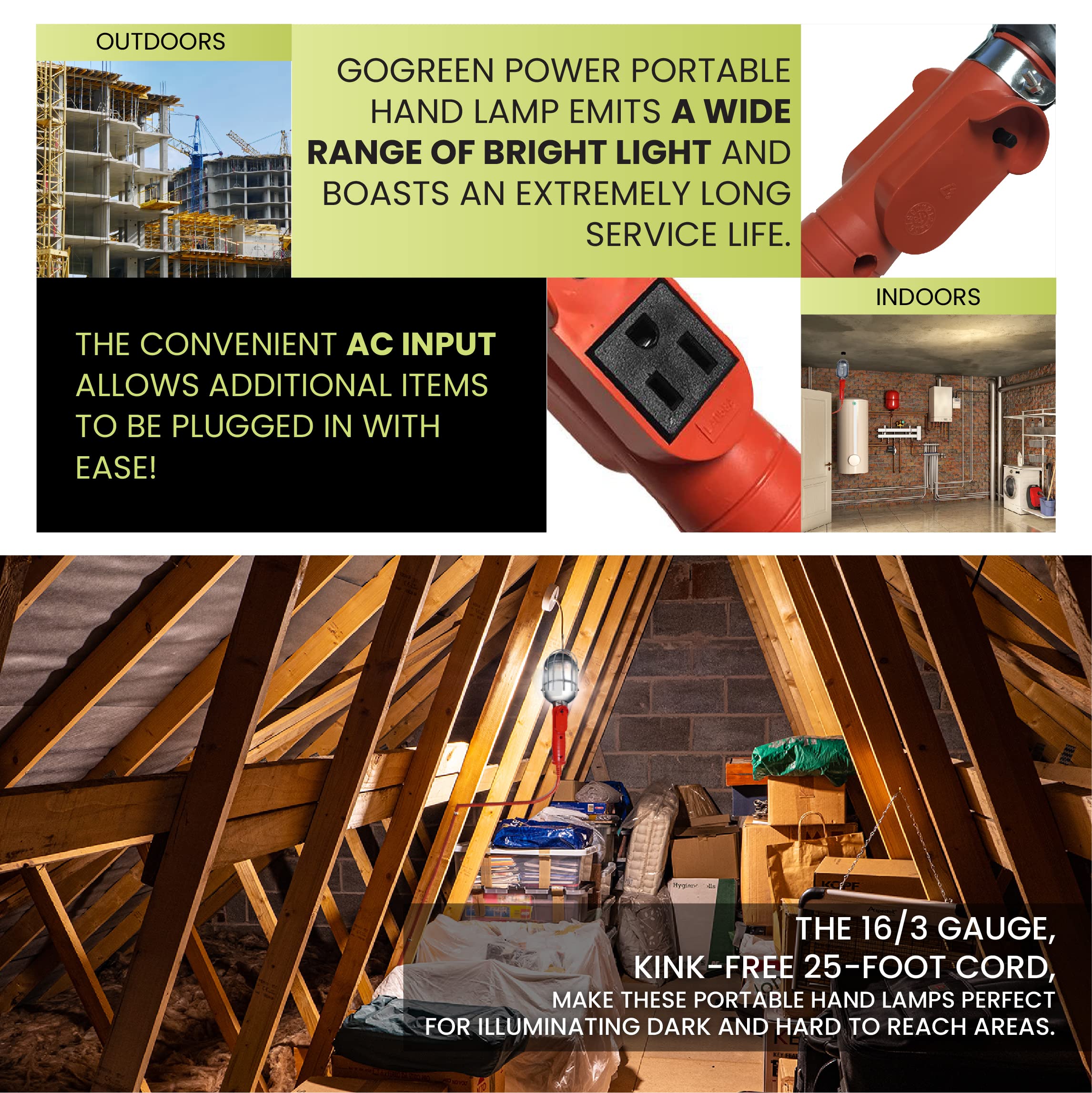 GoGreen Power GG-36725 - Lámpara de Mano portátil 16/3, 25 pies