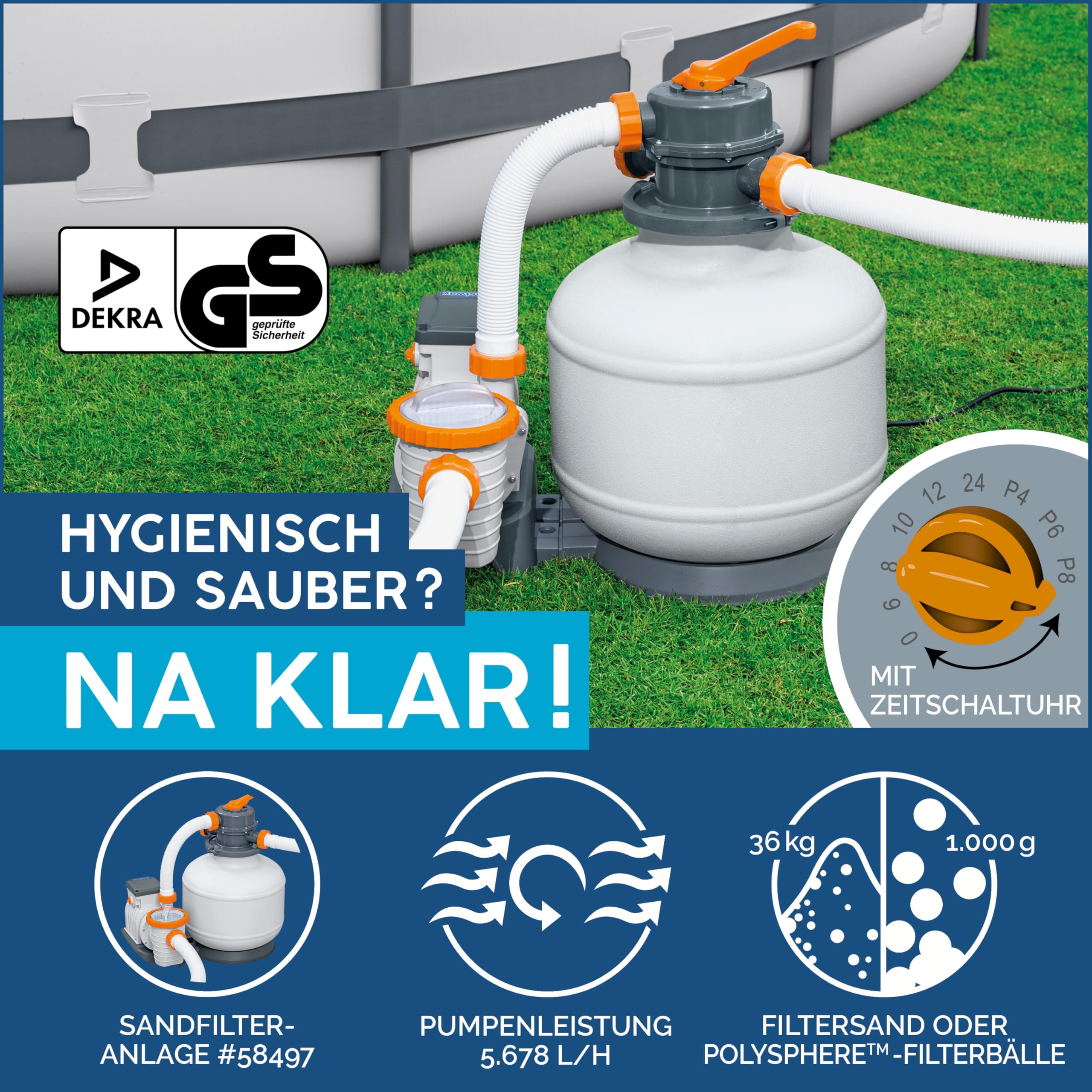 Bestway Power Steel Frame Pool Komplett-Set mit Sandfilteranlage 640 x 274 x 132 cm, grau, eckig