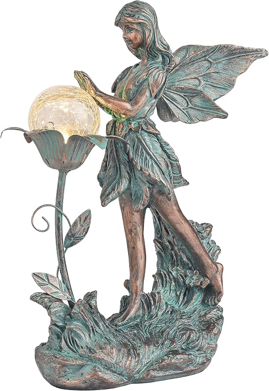 TERESA'S COLLECTIONS Fairy Garden Solar Light Resin Bronze Large Statue 11" | Solar light fairy garden statue with bronze glow | Outdoor resin decor for garden, yard, patio | Great gift for any occasion
