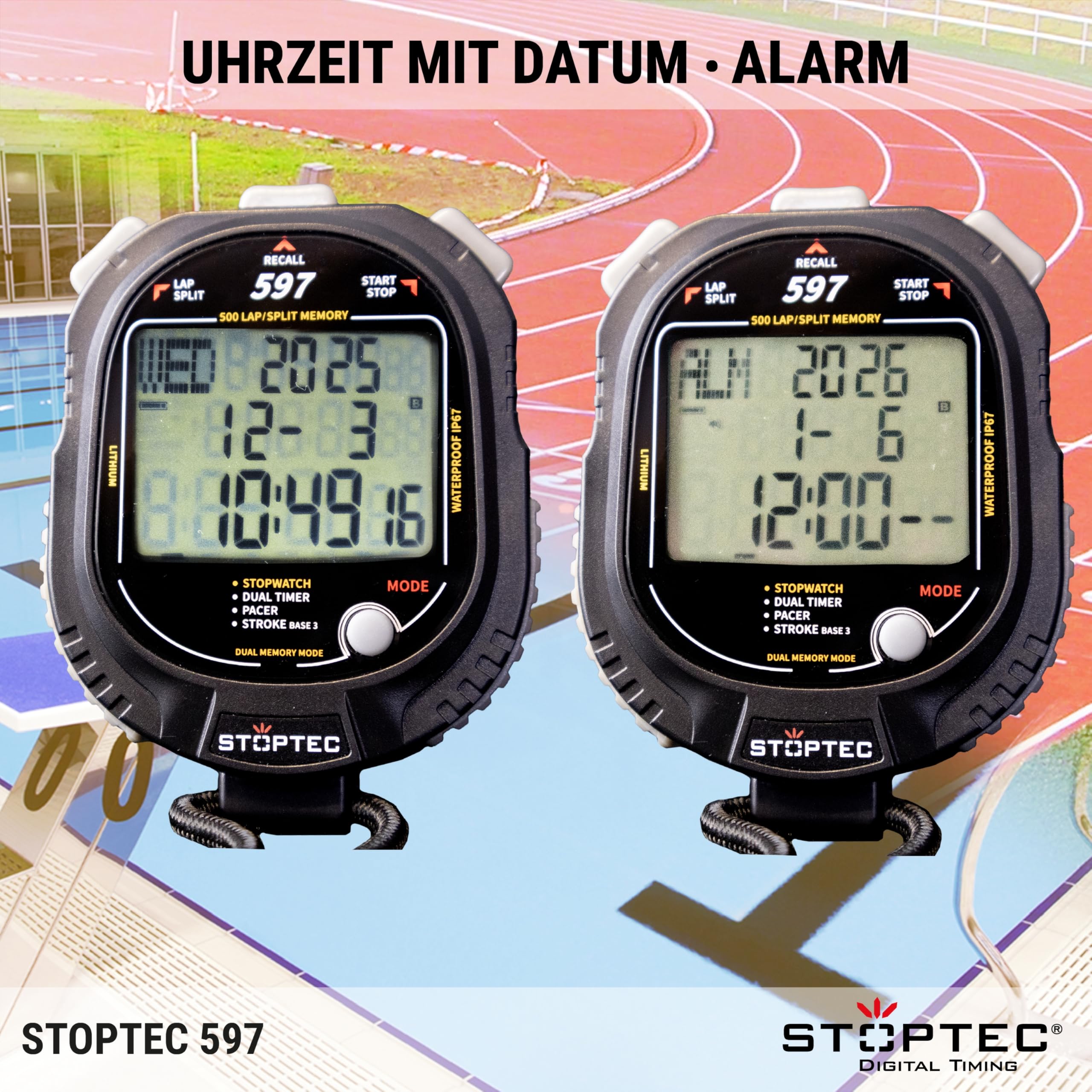 Stoptec - Cronometro 597, grande display a 3 righe, meccanismo a punti di pressione, 500 memoria, doppio timer, pacer, misurazione del numero di colpi, display e suono acceso e disattivabile
