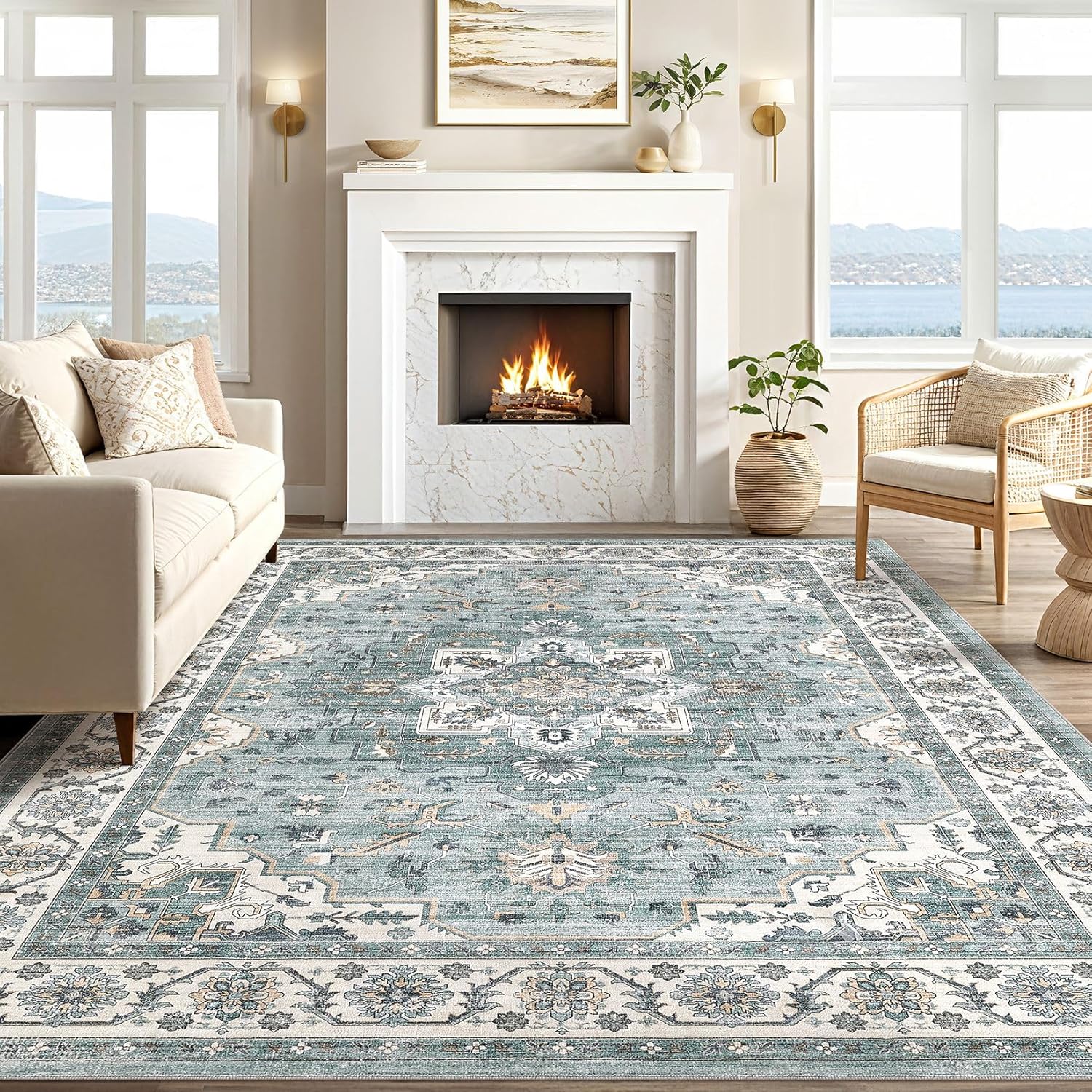 Vintage Living Room Area Rug 10x14 - Large Soft Washable Oriental Traditional Distressed Farmhouse Rugs for Bedroom - Indoor Floor Accent Carpet for Home Office House Decor - Denim Blue