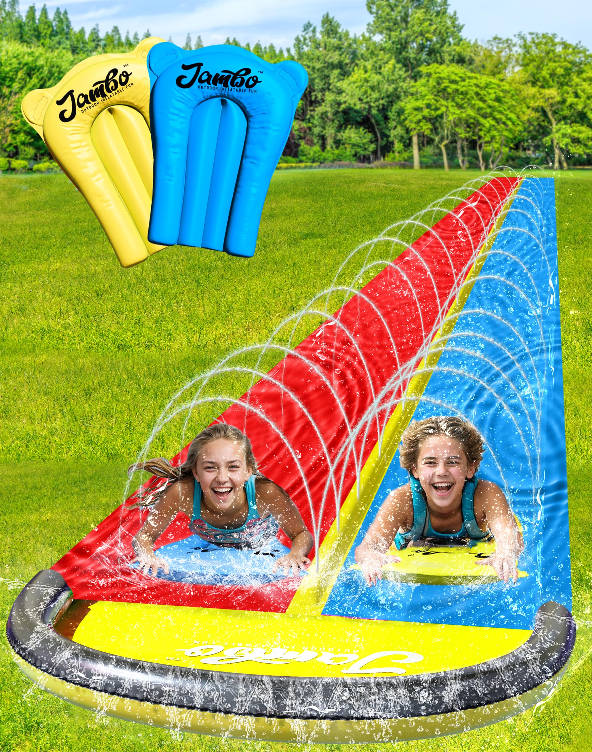 JAMBO 22.5ft Double Lane Slip Splash and Slide with 2 Bodyboards with Built in Sprinkler for Backyard Outdoor Water Fun for Kids
