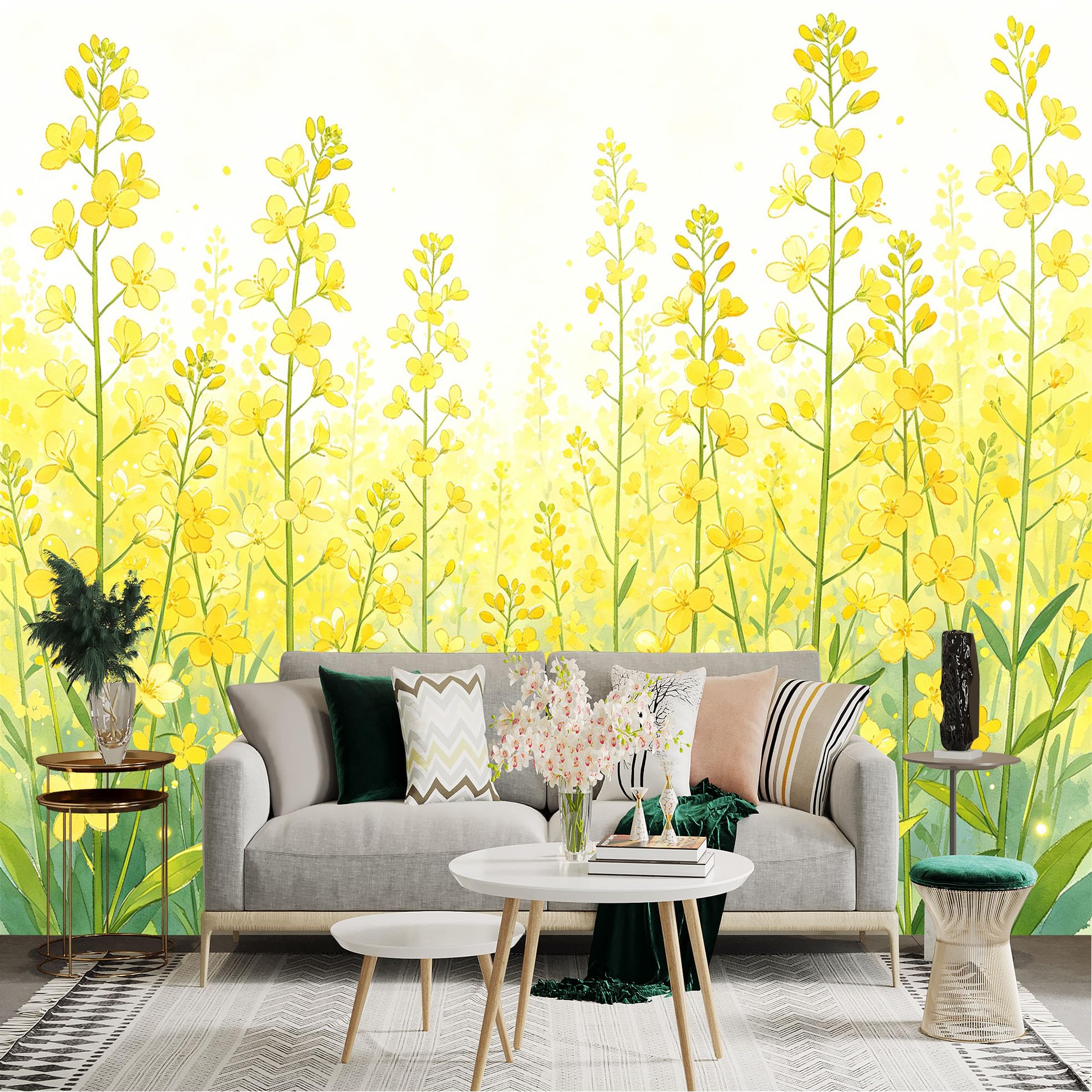 Lnzczhyre Dbh260521095 Custom Size Wall Sticker Mural， Bright Yellow Rapeseed Flowers， Blooming Canola Field， Spring Botanical Landscape， For Wall Decoration， Peelandstick Wall Decals.