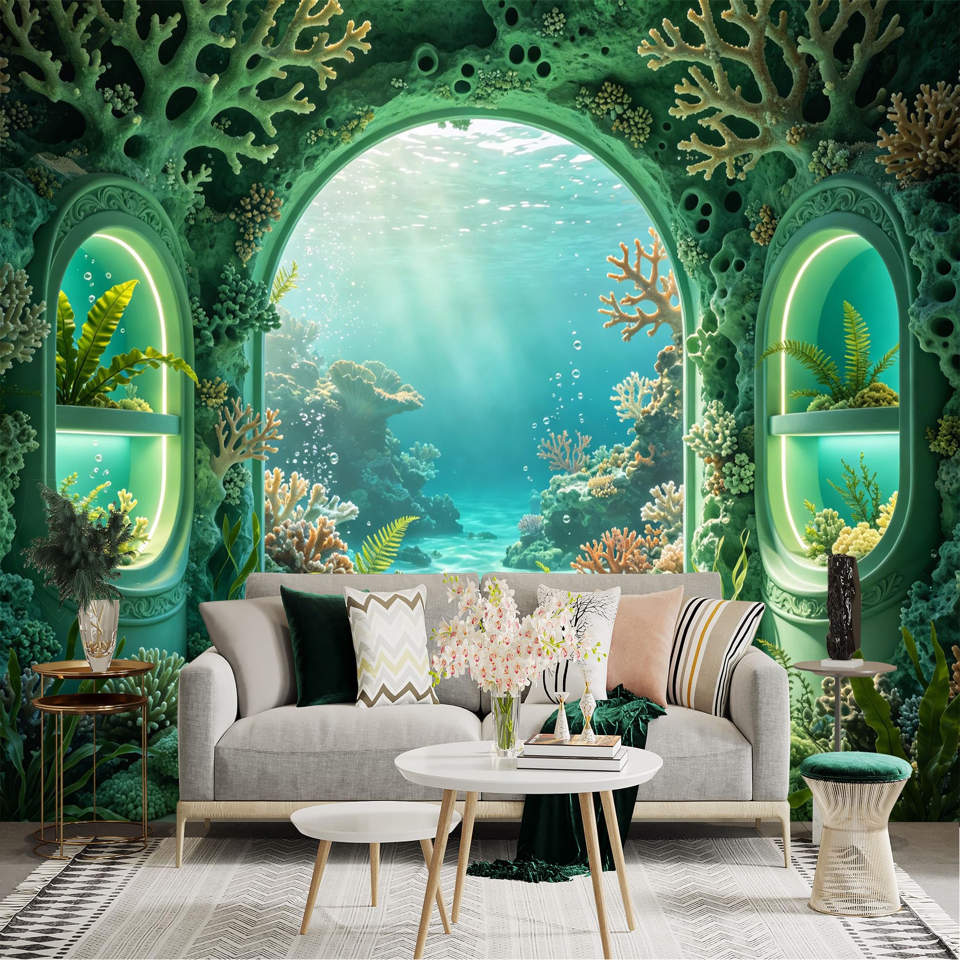 Custom Size Wall Sticker Mural， Underwater Coral Reef with Sunlight and Sea Plants， for wall Decoration， peelandstick wall Decals.