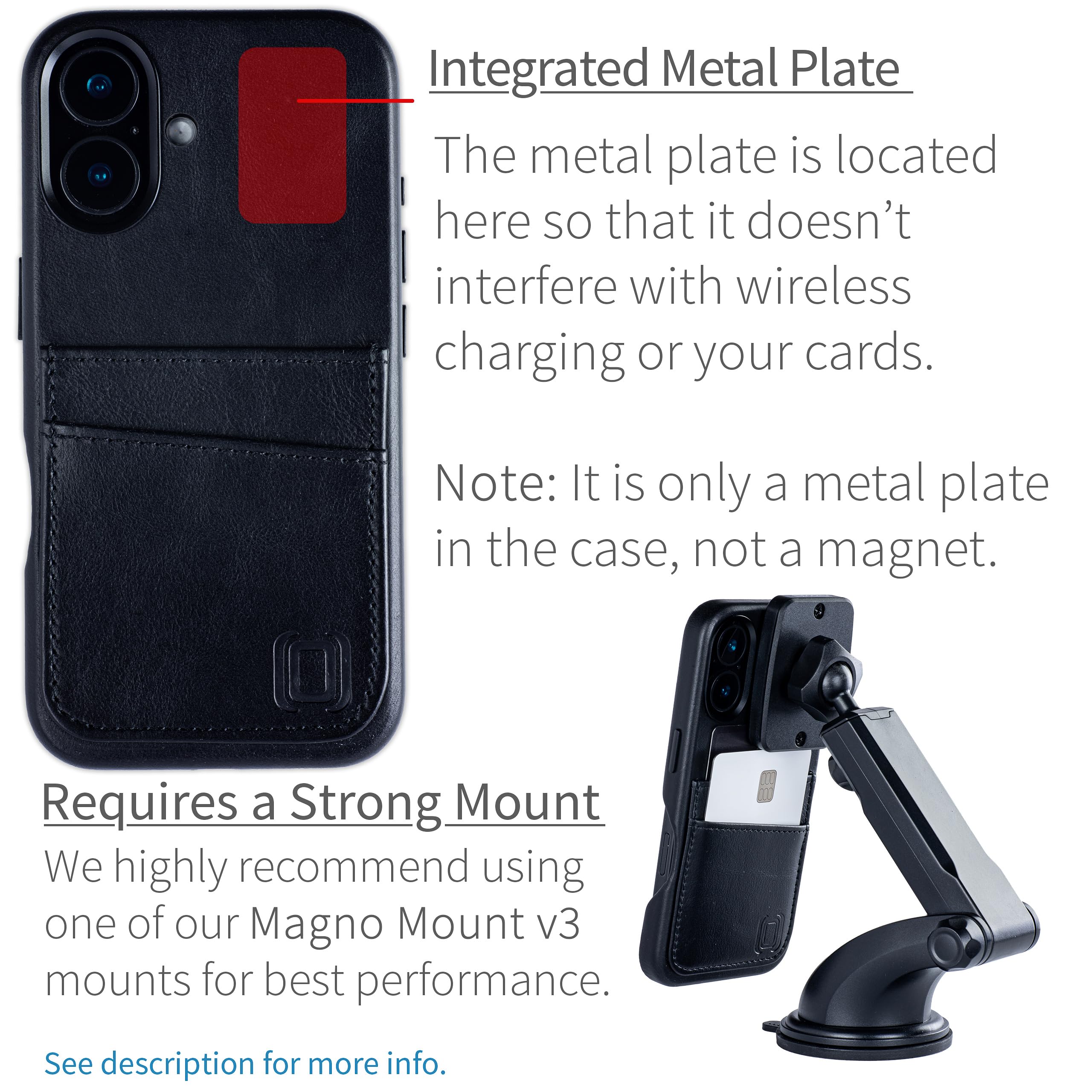 Dockem Custodia per Carte in Vera Pelle per iPhone 16 con Piastra Metallica Integrata per Magnetico, Portafoglio Cucito con 2 Tasche per Carte di Credito (Nero, M2GL)