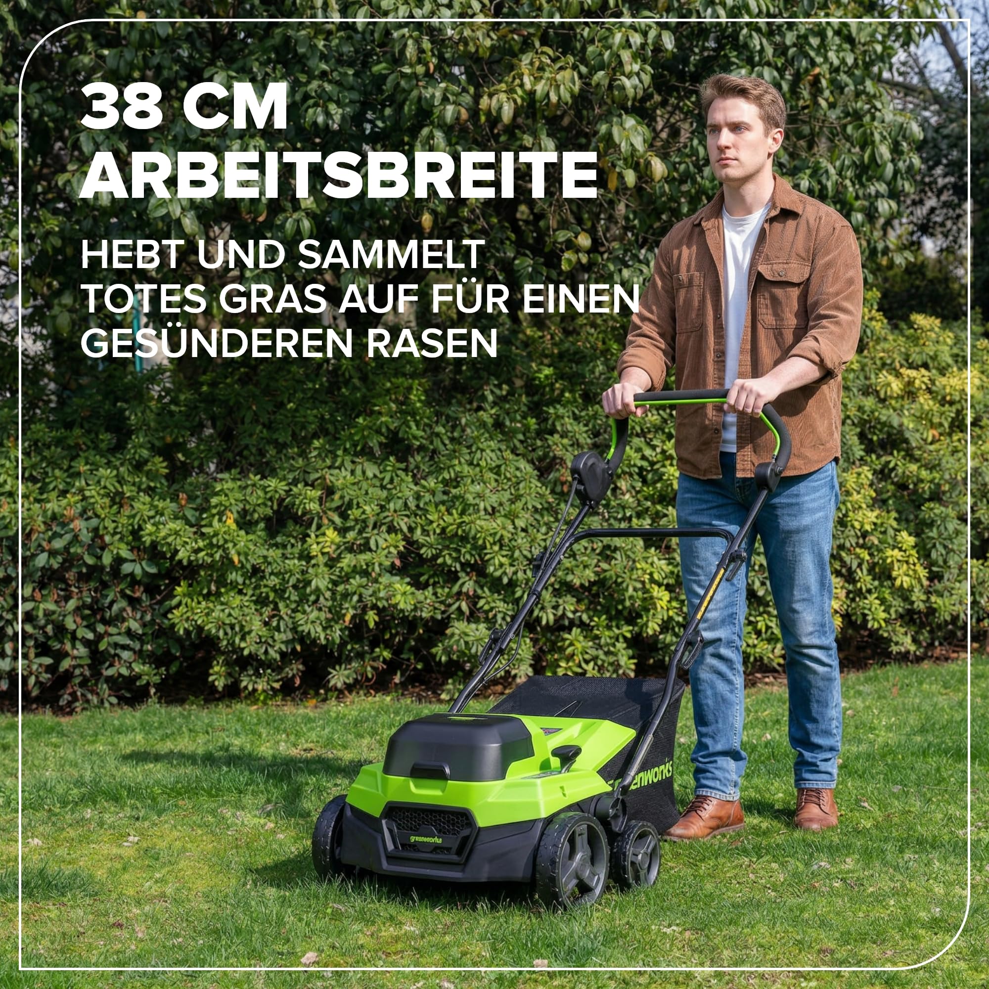 Greenworks Escarificador Aireador Césped 48V (24V x2) Brushless 2-en-1, Ancho 38 cm, 5 Niveles Altura, Bolsa 45L, Manillar Plegable, Herramienta Jardín Inalámbrica, Sin Batería GD2X24SC38II
