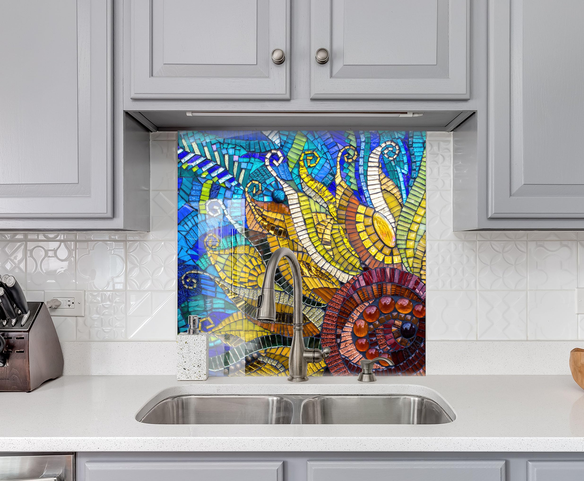 Myphotostation.com - Azulejo de vidrio templado de 23.5 pulgadas de ancho x 12 pulgadas de alto para protección de pared de cocina, salpicaduras de cocina, decoración de cocina, mosaico de cerámica
