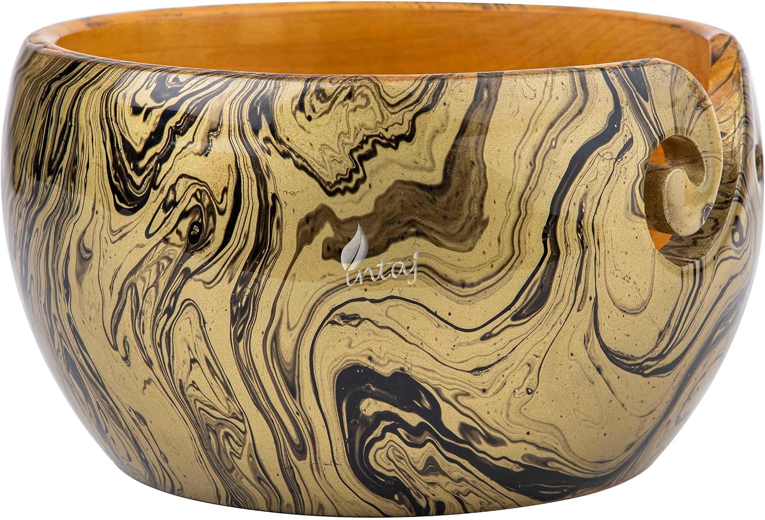 Outright Solid Wooden Yarn Bowl for Knitting -Color Poured Handmade Wooden Yarn Storage Bowl for Knitting & Crochet-Portable Yarn Bowl (Golden, Large)