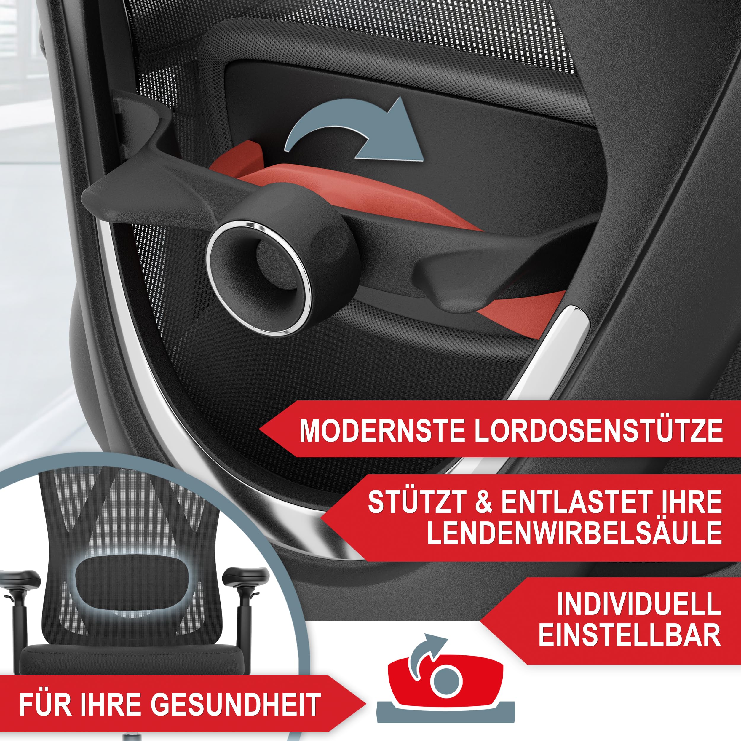 Onbest Bürostuhl ergonomisch – Mesh-Stuhl mit Lordosenstütze | Homeoffice- und Büro-Drehstuhl mit Kopfstütze, Armlehnen, breiter Sitzfläche, leisen Rollen und bis 150 kg belastbar