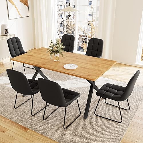 Vista 21 de Juego de mesa de comedor de 7 piezas para 6 personas, mesa de cocina MDF de 63 pulgadas con 6 sillas tapizadas, patas de metal para comedor, cocina