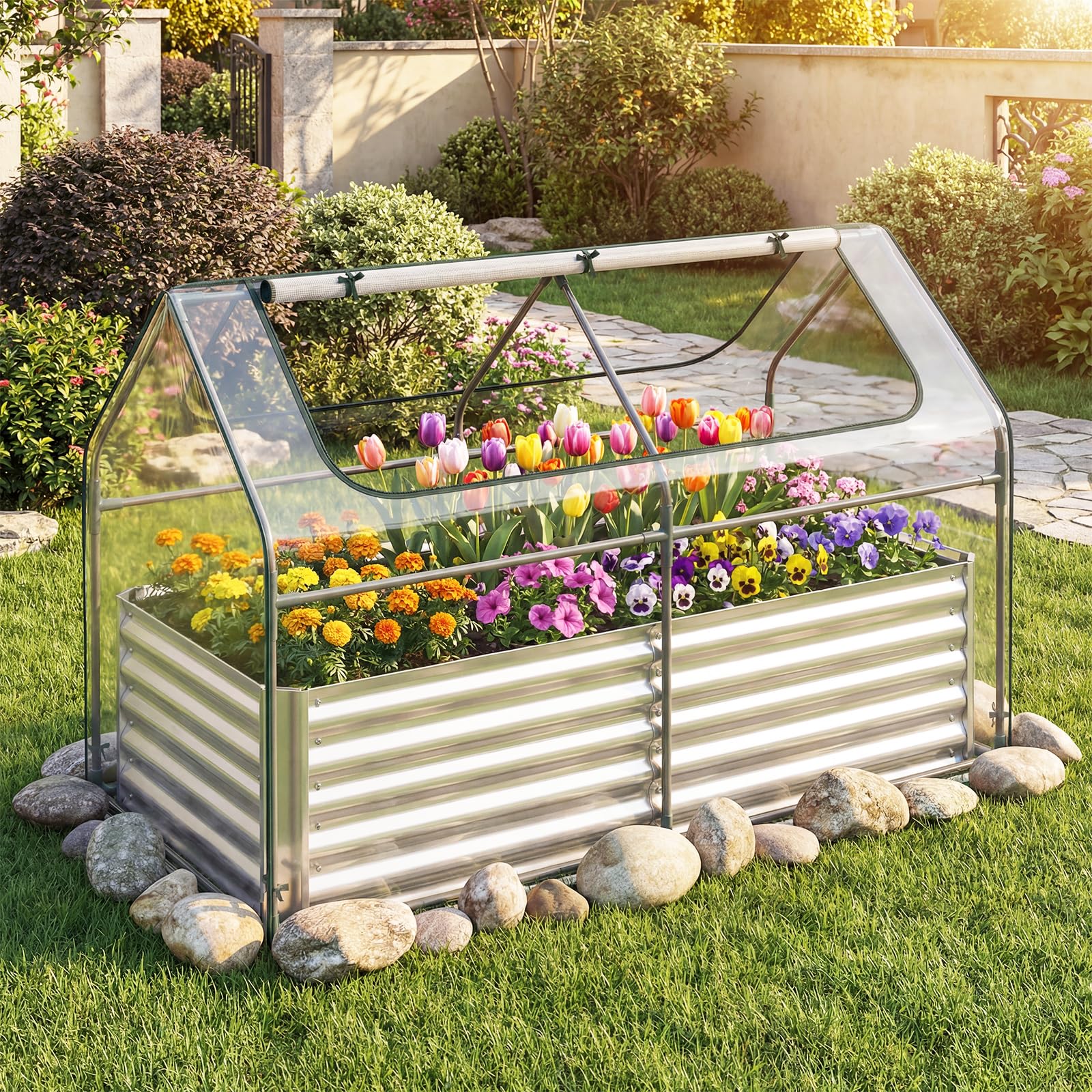 S AFSTAR 3-in-1 Raised Garden Bed with Greenhouse Cover