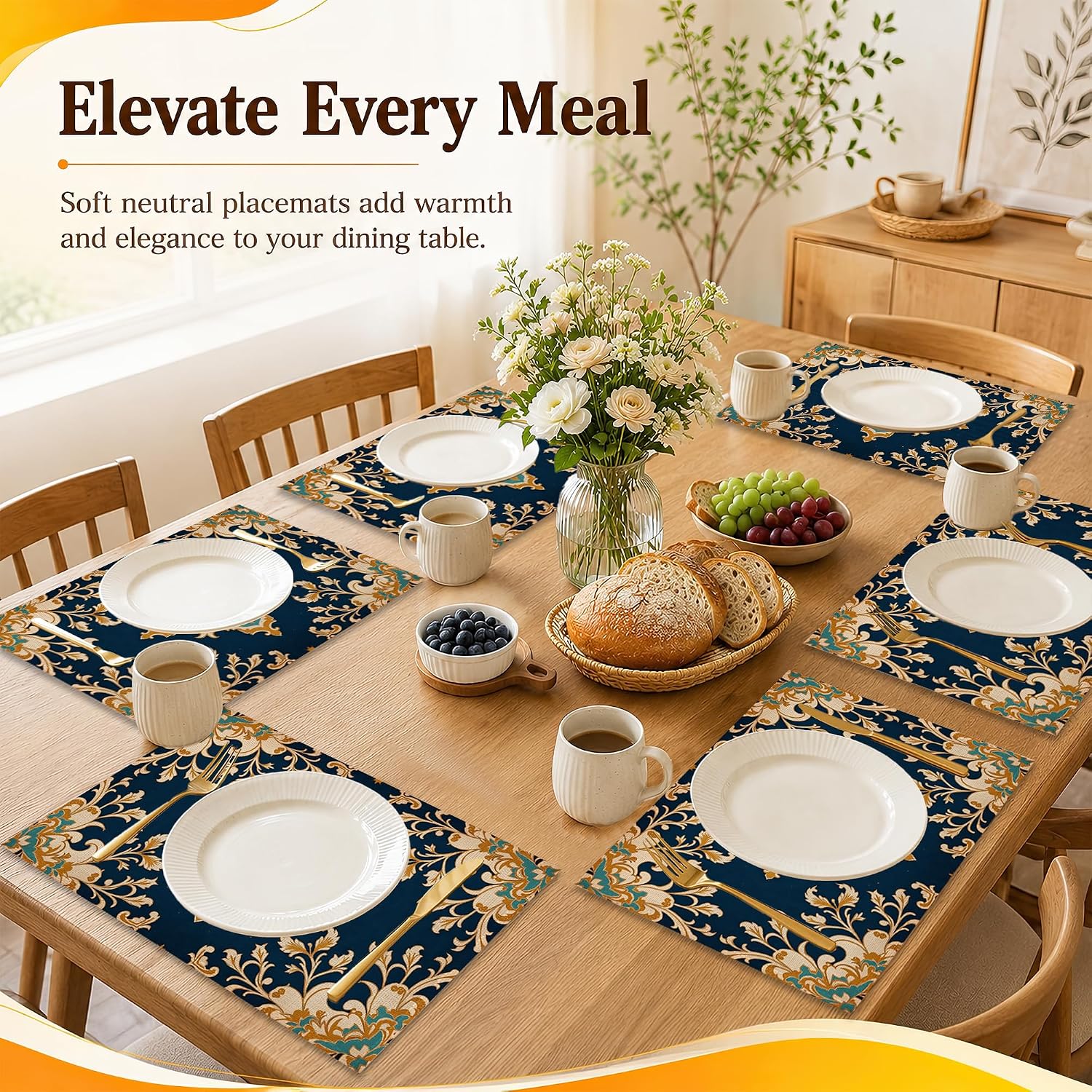 12 x 18 Inch Linen Placemats Set of 6, Blue Gold Moroccan Tile Table Mats, Washable Waterproof Stain Resistant Heat Resistant Reusable Place Mats for Kitchen, Dining Table, Home Party Decor image 5