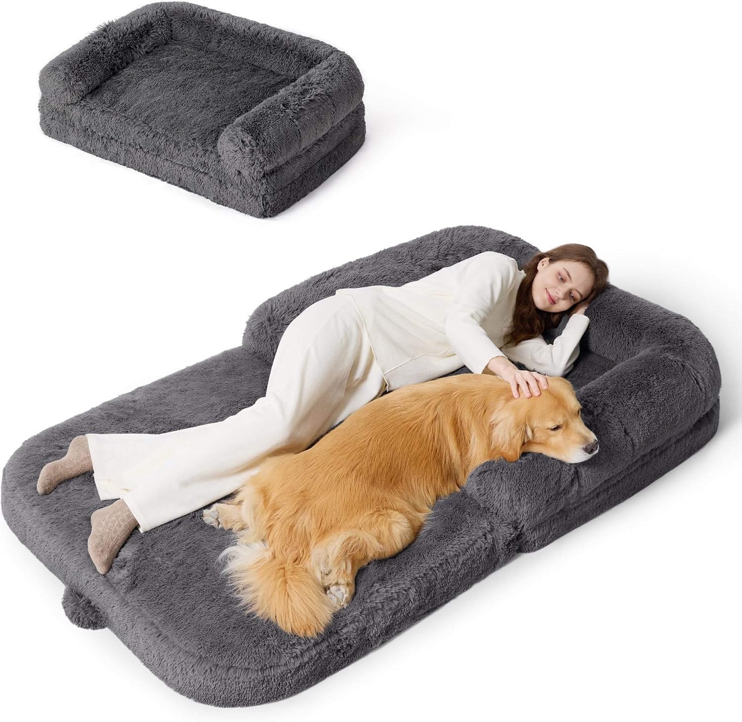Bedsure letto per cani umani pieghevole - 2 in 1 letto per cani umani giganti per persone adulte con schiuma di sostegno per uovo di sostegno, fodera impermeabile, calmante soffice e soffice pelliccia sintetica ortopedico big fagiolo, grigio scuro
