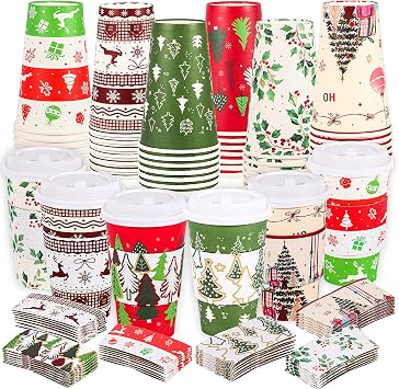 Atonofun 48 Pcs Merry Christmas Disposable Cups with Lids and Sleeves, To Go Coffee Cups 16 oz, 6 Designs Holiday Paper Cups for Hot Chocolate Coffee Cold Beverage Xmas Winter Holiday Party Supplies