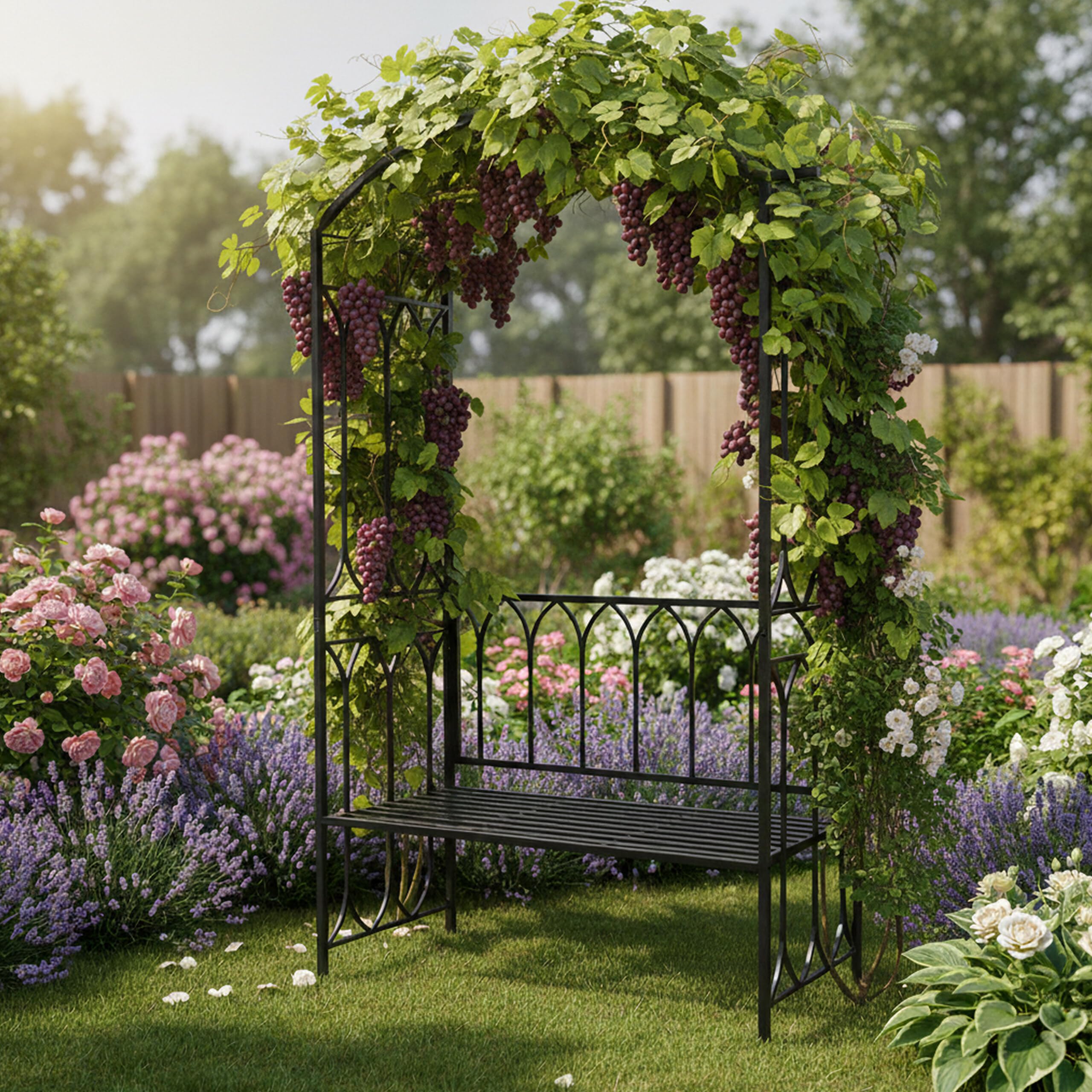Relaxdays Arco de Rosas con Banco, Arco de jardín, Altura de 210 x 134 x 48 cm, Arco para Plantas trepadoras, Metal, Negro