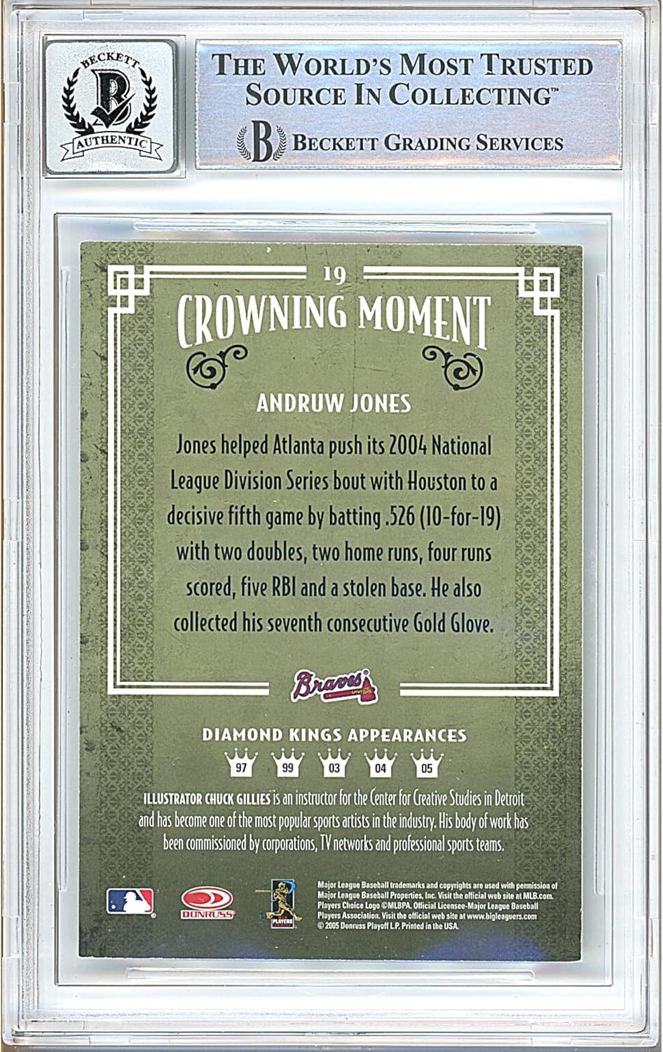 Andruw Jones Autographed 2005 Donruss Diamond Kings #19 Baseball Trading Card Slab Beckett BGS Graded Auto-10 Authentic Slabbed COA Played For Atlanta Braves MLB